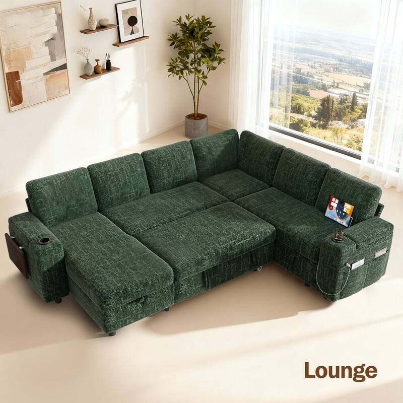 Back. Dyonery - 110" Modular Sectional Sofa with Pull Out Bed,Chenille Fabric 7 Seat Sectional Sofa with Storage,for Living Room - Green.