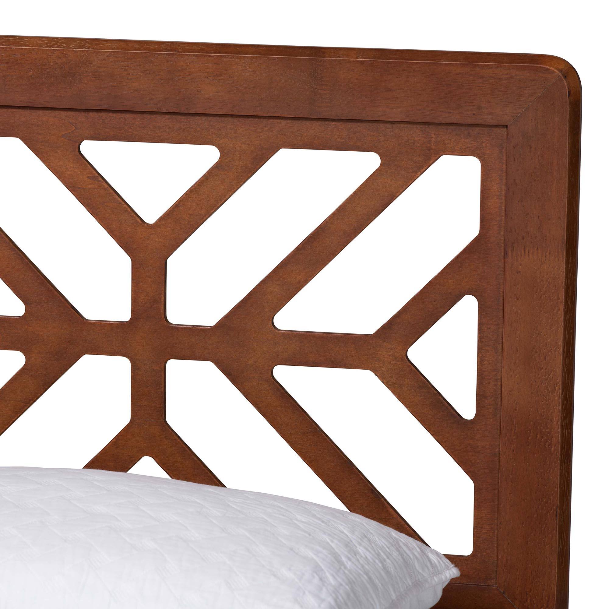 Back. Baxton Studio - Kirabo Platform Bed - Mid-Century Modern Bed with Cutout Headboard and Rounded Legs for Modern or Boho Bedrooms, Queen - Ash Walnut.