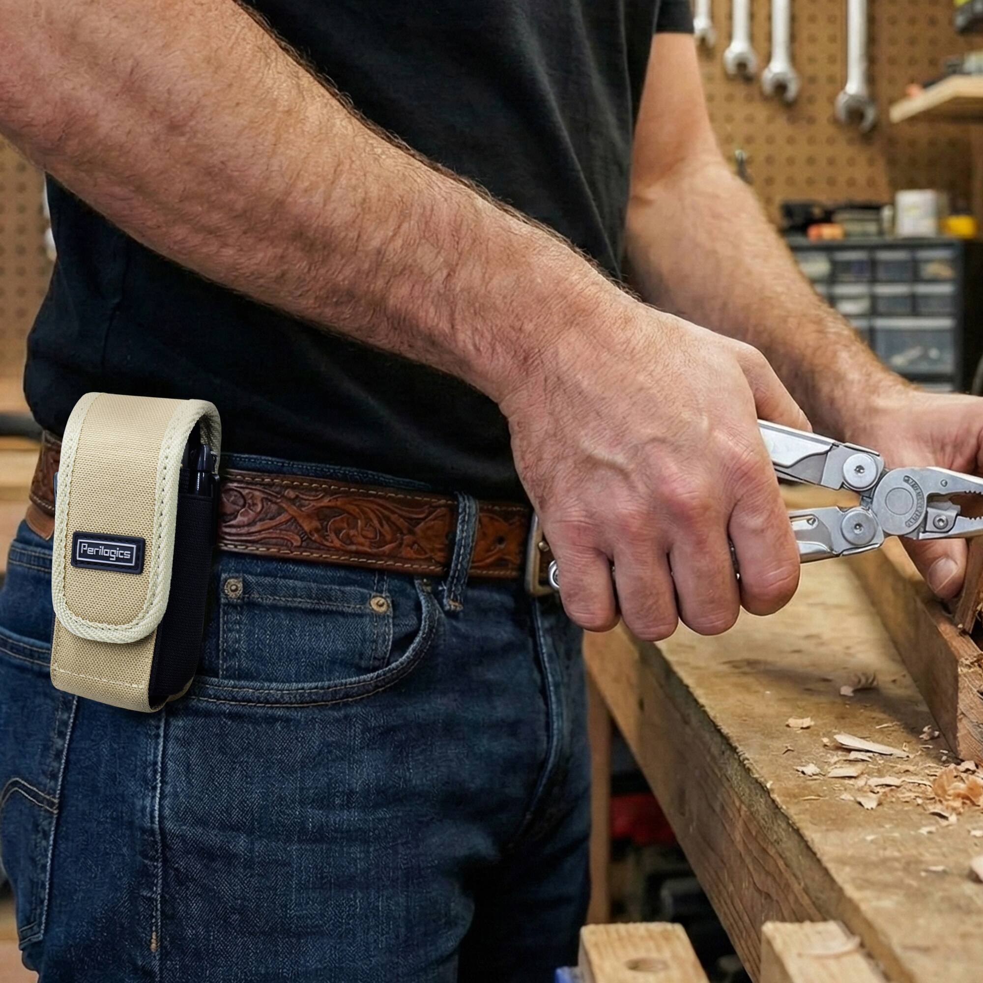Alt View 9. Perilogics - Multitool Sheath – Magnetic Closure Belt Pouch & Tool Holster with Metal Clip, Heavy-Duty Nylon Fits Leatherman & Gerber - Desert Sand.