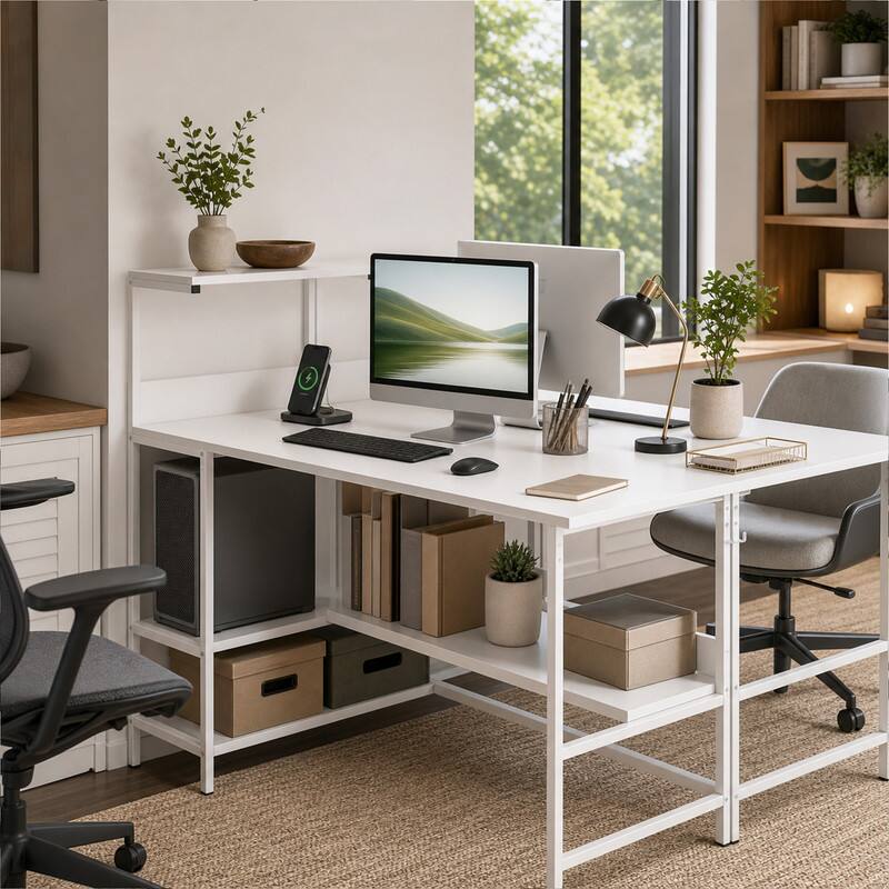 Angle. WELLFOR - 48" Computer Desk with Power Outlets and Storage Shelves, Reversible Home Office Desk Gaming Desk - White.