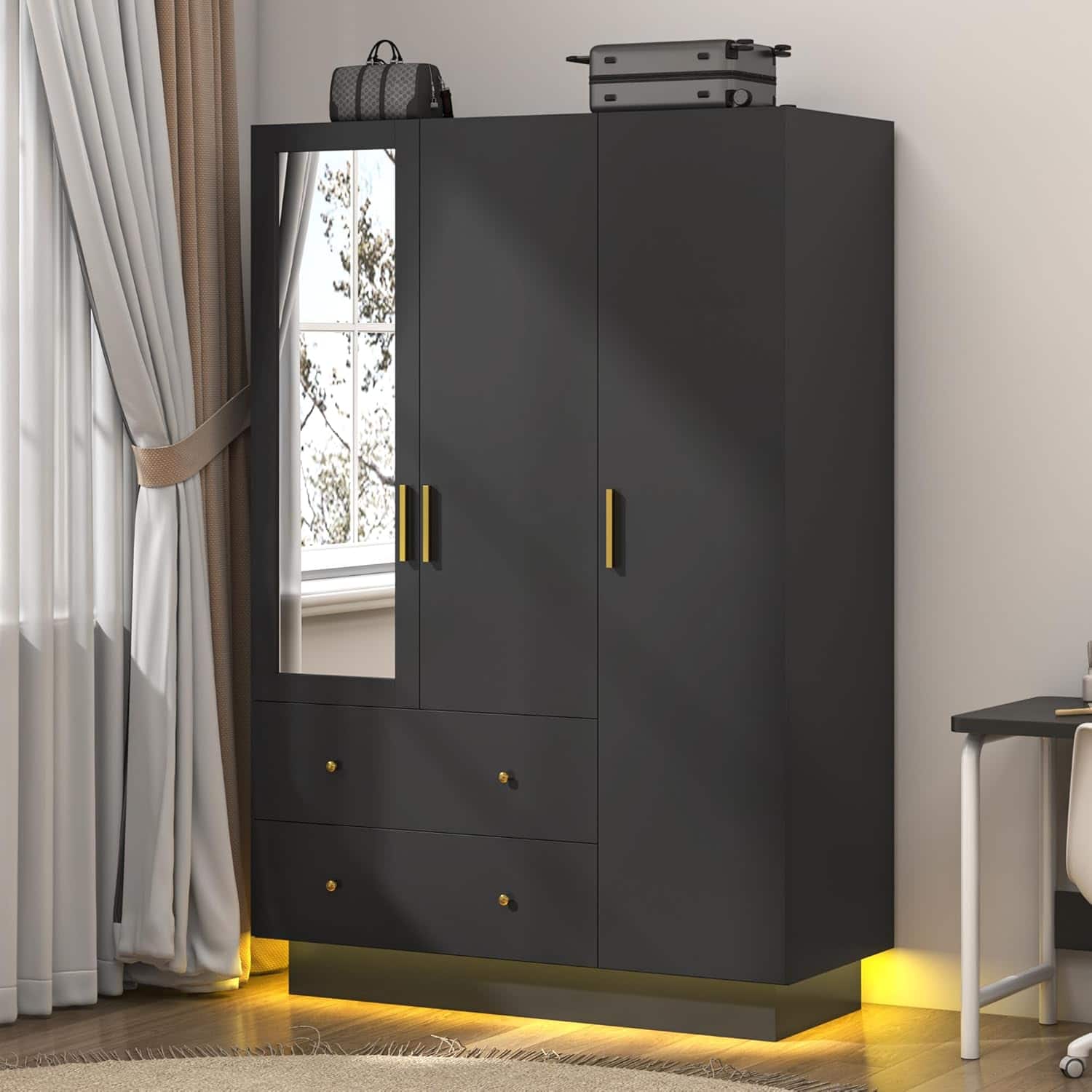 Espafurni - 3 - Door Wardrobe with Mirror for Bedroom - LED Lights, Drawers, Shelves, Hanging Rod - Black price history on PriceWatchPro