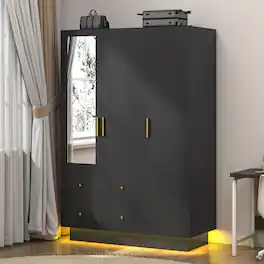 Espafurni - 3 - Door Wardrobe with Mirror for Bedroom - LED Lights, Drawers, Shelves, Hanging Rod - Black