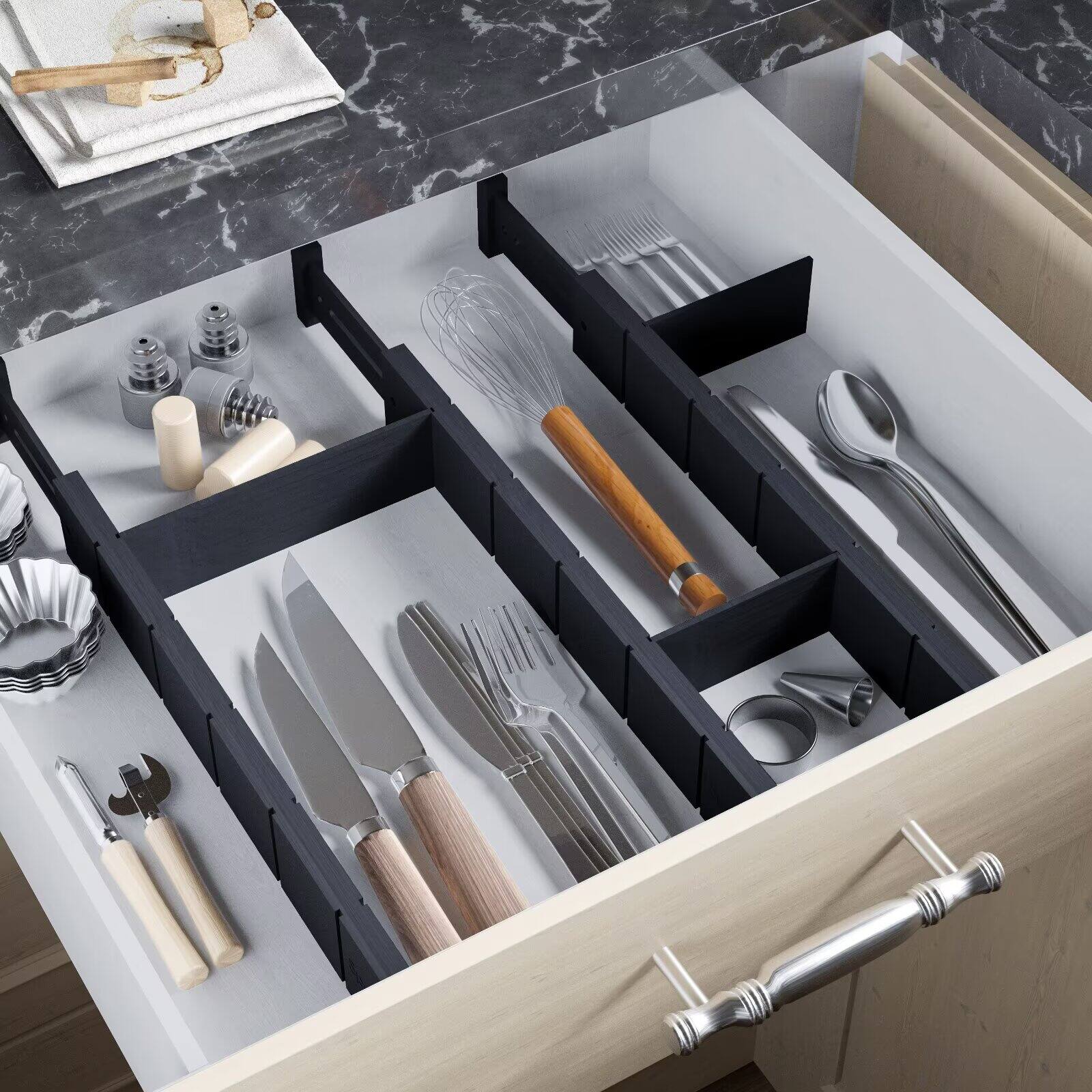 Angle. Tooloton - 4 Pack Adjustable Bamboo Drawer Organizers with 9 Inserts and Labels, Expandable Dividers (17-22 Inch, Black) - Black.