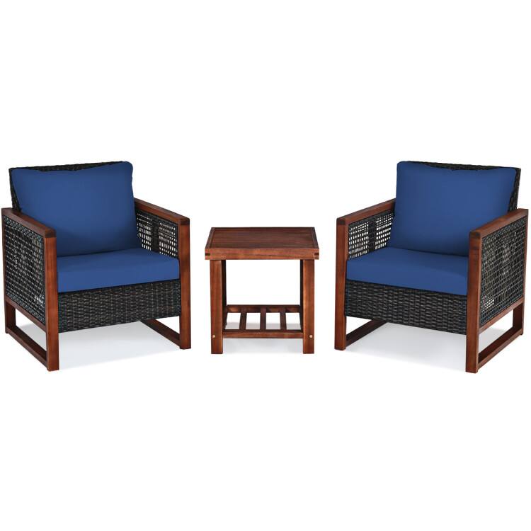 Alt View 3. Mondawe - 3-Piece Patio Wicker Furniture Set w/ Acacia Wood Table, Outdoor Rattan Chairs with Washable Cushions - Blue.
