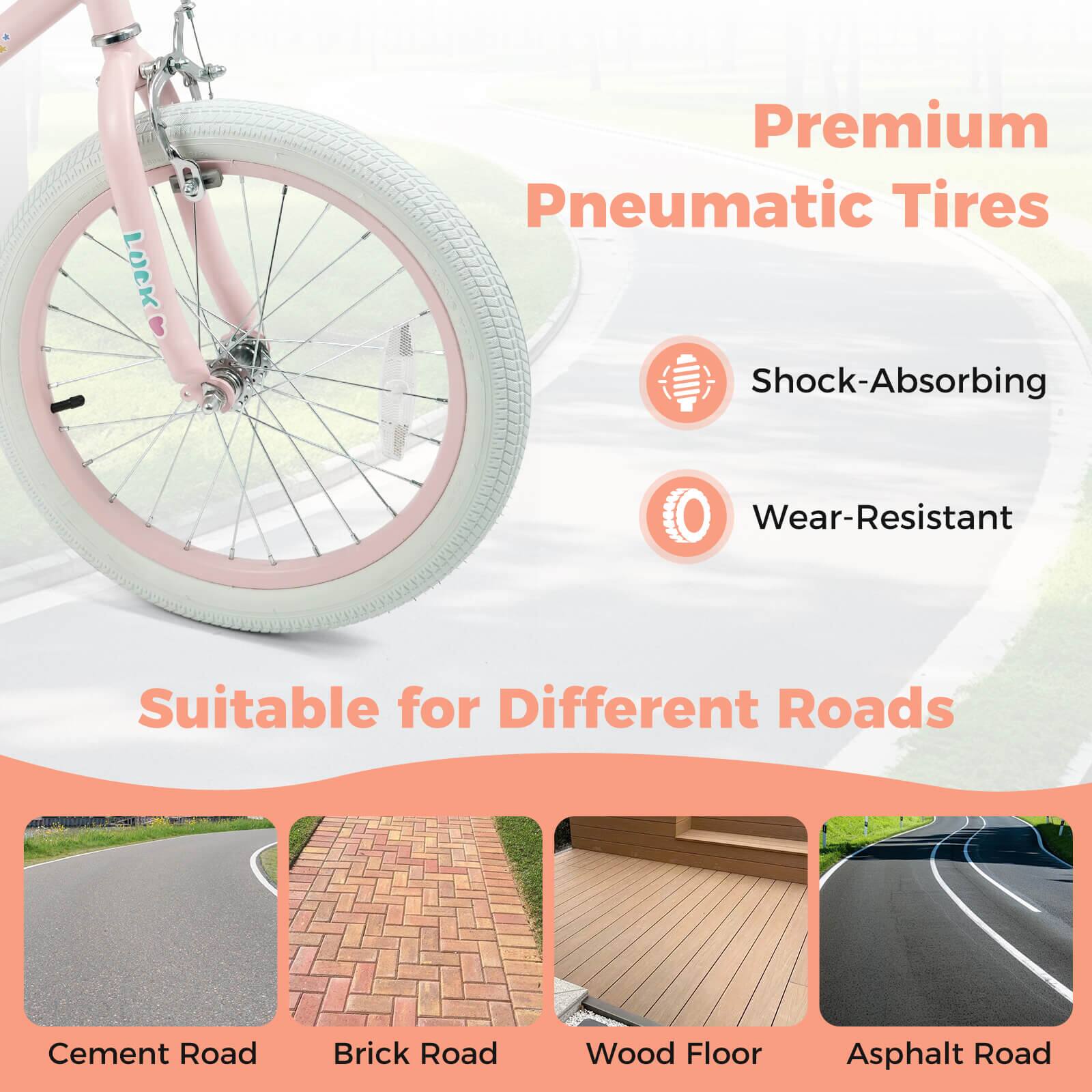 Premium Pneumatic Tires

- Shock-Absorbing
- Wear-Resistant

Suitable for Different Roads

- Cement Road
- Brick Road
- Wood Floor
- Asphalt Road
