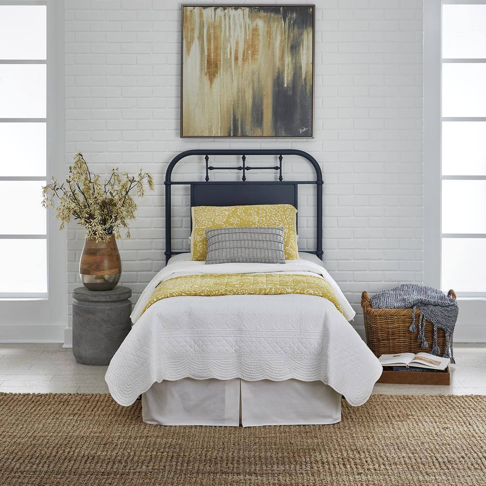 Alt View 2. Liberty Furniture Industries - Vintage Series Full Metal Headboard - Navy in Distressed Metal - Black.
