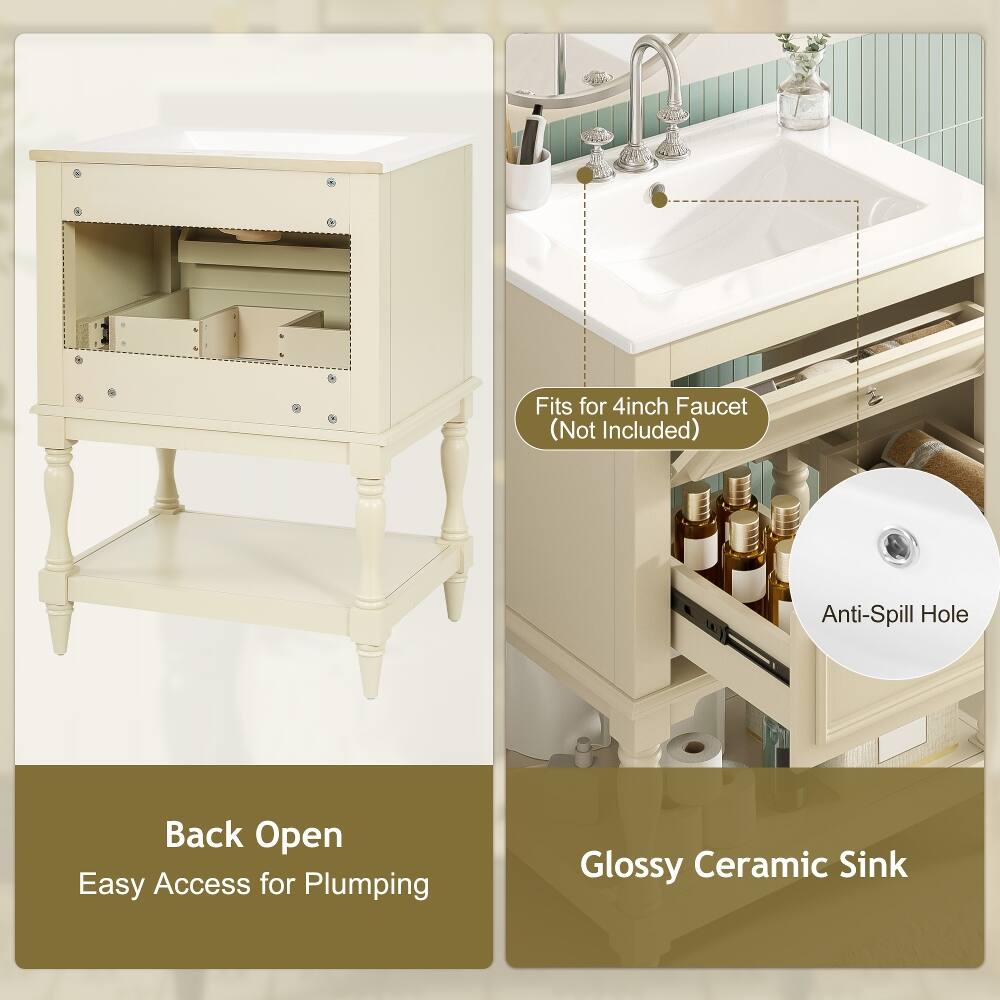 Fits for 4inch Faucet (Not Included)  
Anti-Spill Hole  
Back Open Easy Access for Plumbing  
Glossy Ceramic Sink