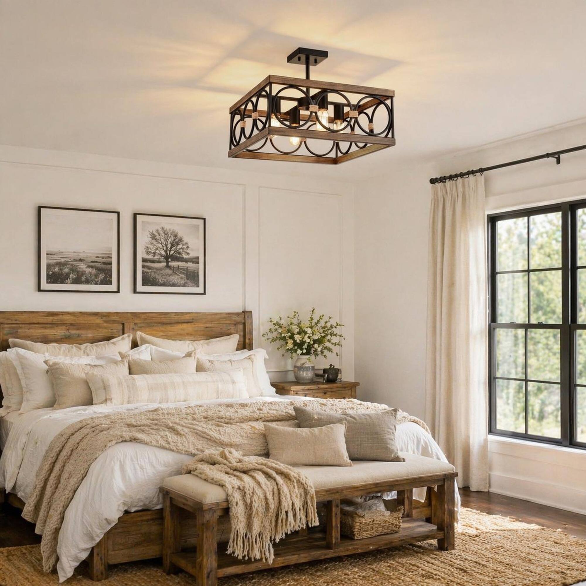 RYHNUYNE 4 Light Farmhouse Wood & Black Metal Rectangular Ceiling Light ...