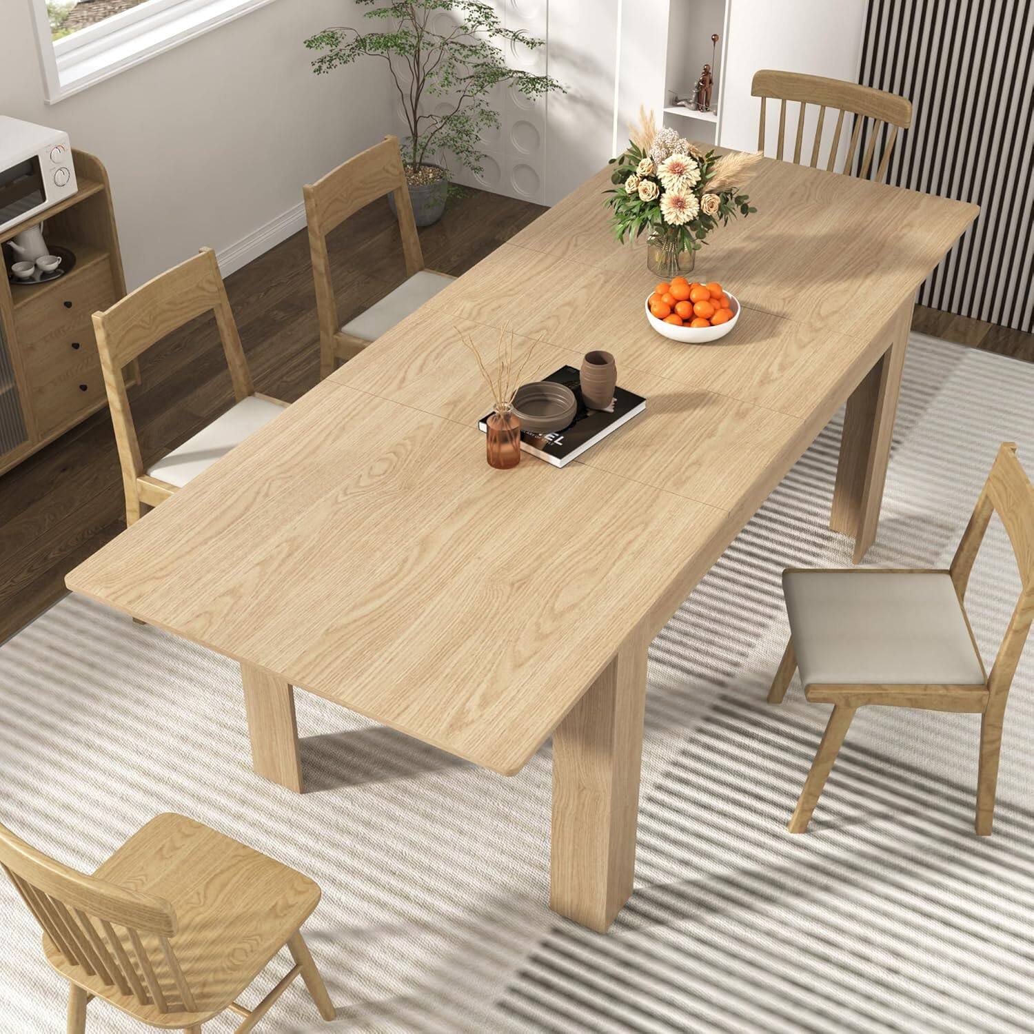 Front. Lent Glitter Wood - Large Mobile Extendable Dining Table for 6-8, Modern Wood Kitchen Table Rectangular Table for Dining Room, Living Room - Oak.