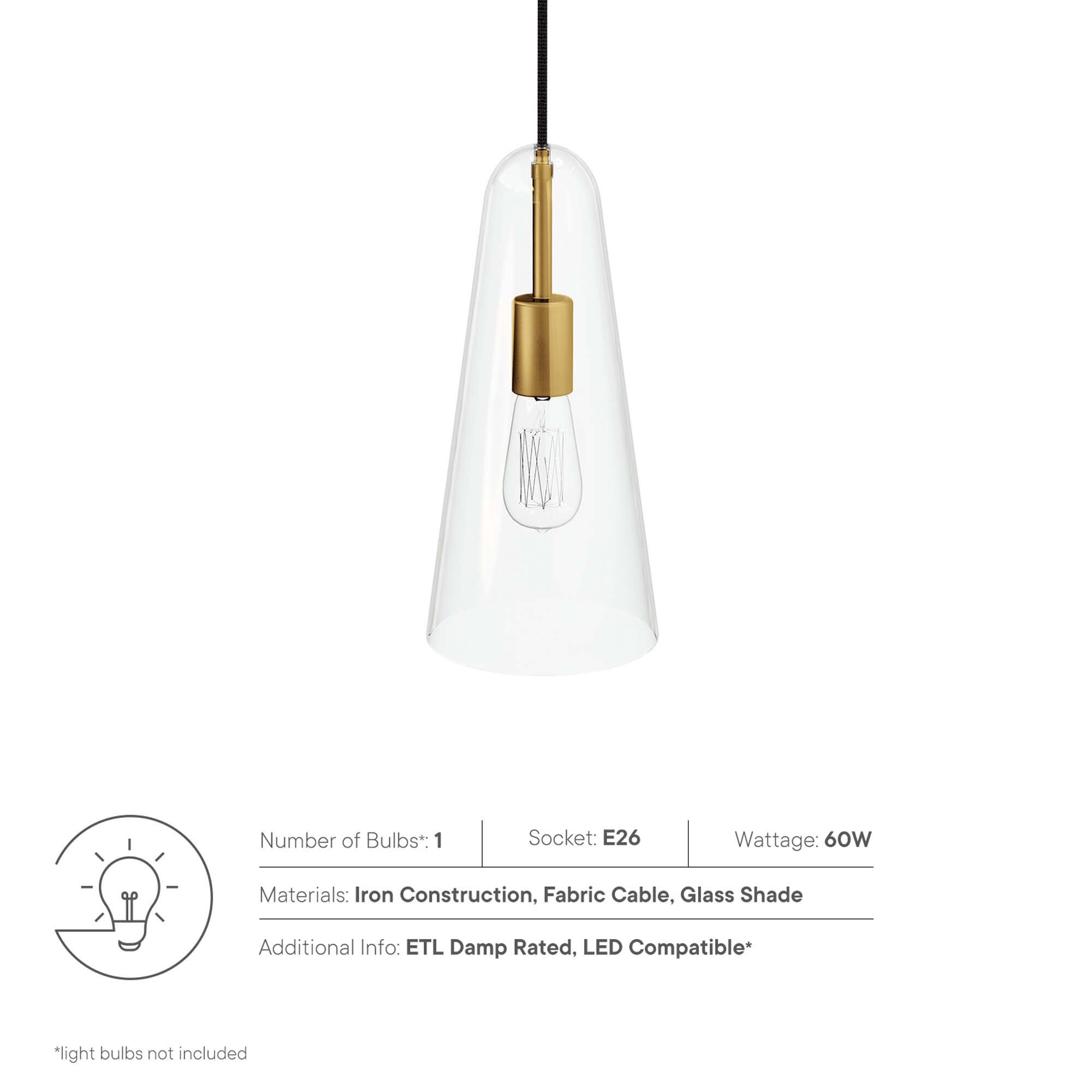 Number of Bulbs*: 1  
Socket: E26  
Wattage: 60W  
Materials: Iron Construction, Fabric Cable, Glass Shade  
Additional Info: ETL Damp Rated, LED Compatible*  

*light bulbs not included