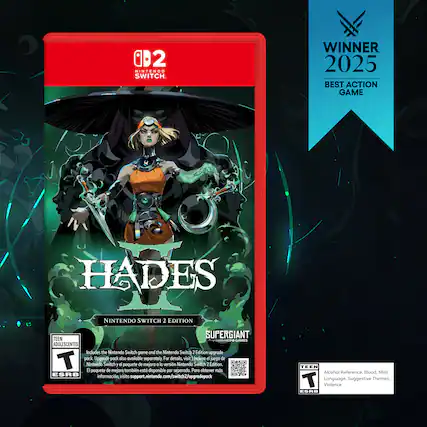 1. 02 NINTENDO SWITCH. WINNER 2025 BEST ACTION GAME HADES NINTENDO SWITCH 2 EDITION SUPERGIANT TEEN GAMES ADDLESCENTES includes the Nintendo Switch game and the Nintendo Switch 1 Edition upgrade pack. Upgrade pack also available separately. For details, visit include d juego de T Nintendo B paquete Switch de mejora Y el paquete tambin de esta mejore disponible e a versin por separado Nintendo Pora Switch obtener 1 edition mes ESRB informacin visito support.nintendo.com/switch2/upgradepack TEEN Alcohol Reference. Blood. Mild Language, Suggestive Themes. Violence ESRB - T (Teen 13+)