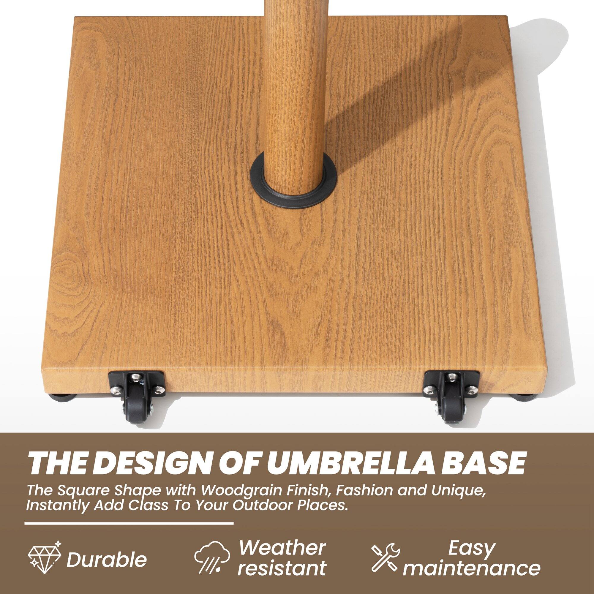 **THE DESIGN OF UMBRELLA BASE**

The Square Shape with Woodgrain Finish, Fashion and Unique, Instantly Add Class To Your Outdoor Places.

- Durable
- Weather resistant
- Easy maintenance