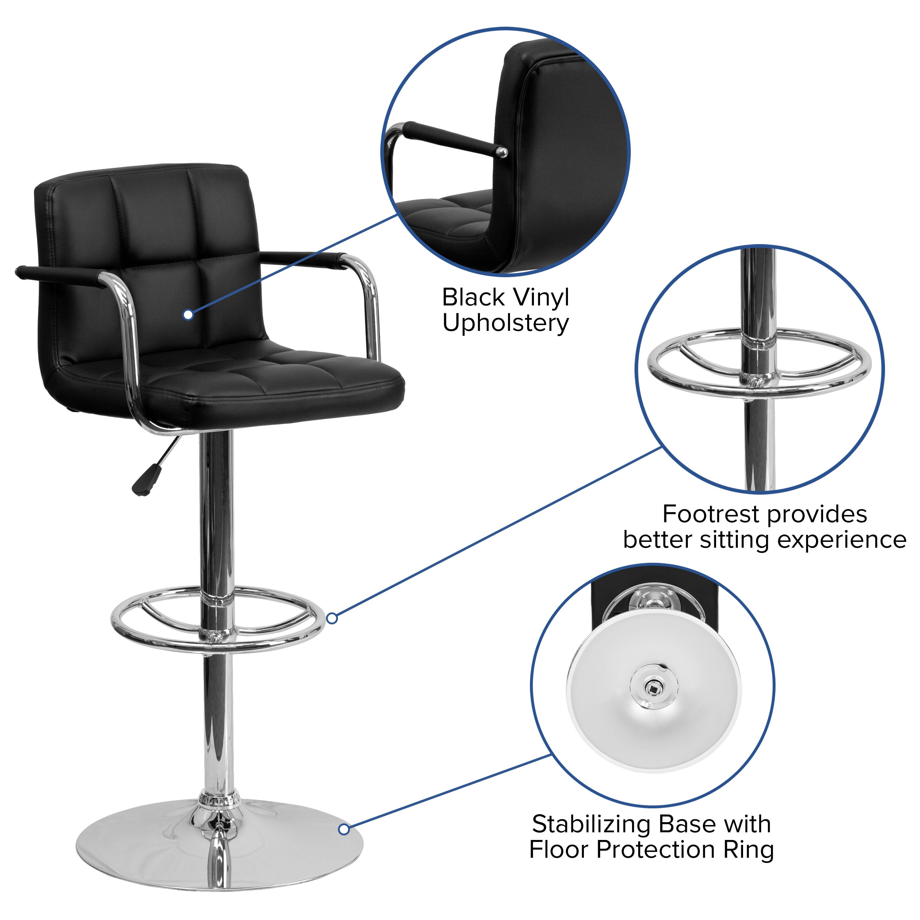 Black Vinyl Upholstery Footrest provides better sitting experience. Stabilizing Base with Floor Protection Ring.