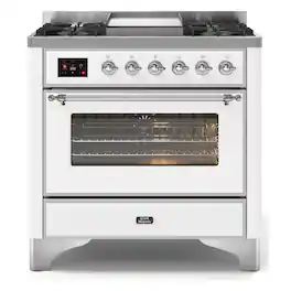 ILVE - Majestic II Series 36 in. Dual Fuel Range with 6 Sealed Burners + Griddle (Natural Gas, Chrome Trim) - White