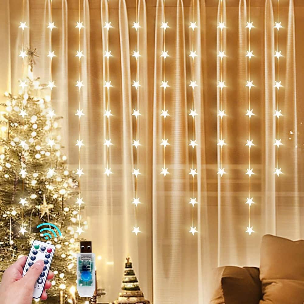 MOSZAR LLC - Star Curtain String Lights – 70 Stars, USB Powered, Warm White, Indoor/Outdoor