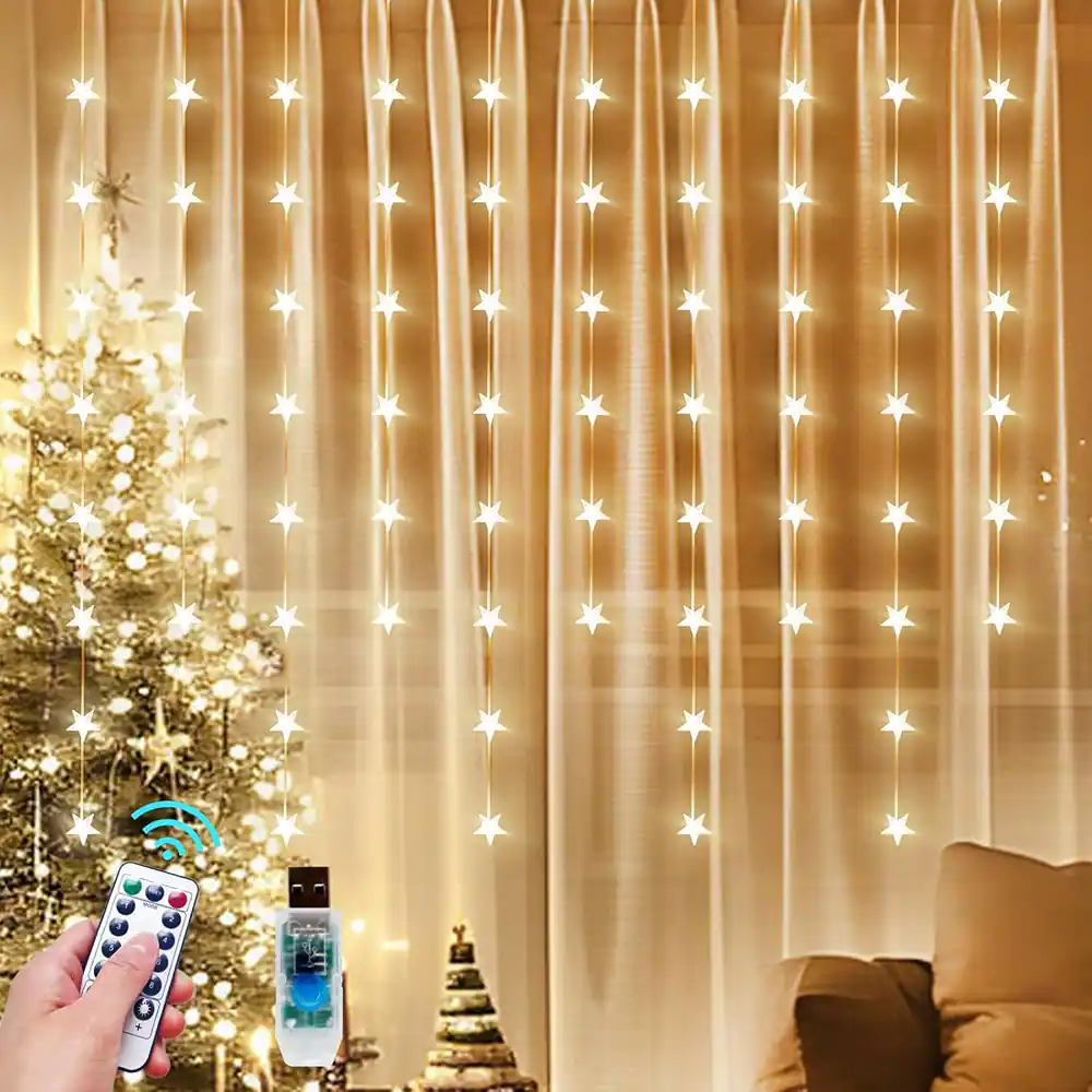 Front. MOSZAR LLC - Star Curtain String Lights – 70 Stars, USB Powered, Warm White, Indoor/Outdoor.