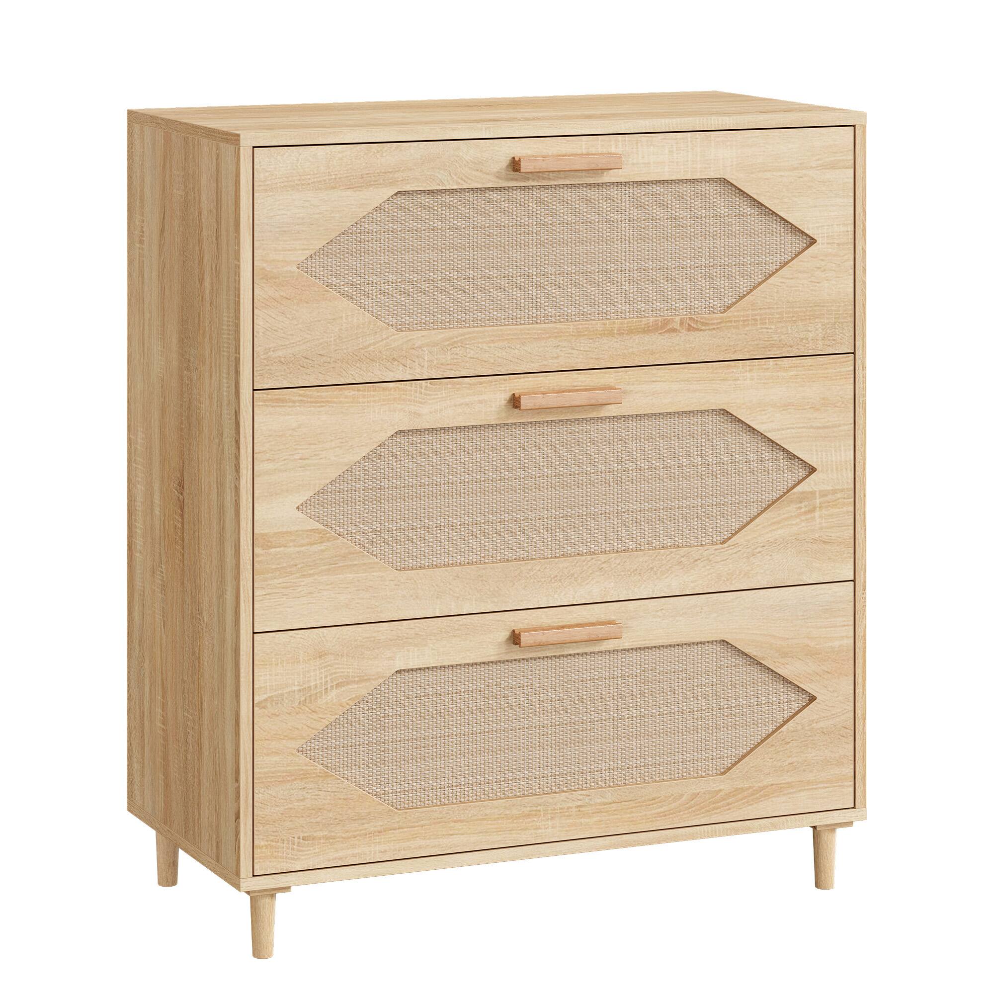 Front. GAOMON - Rattan 3-Drawer Dresser, Modern Storage with Wood Finish, Spacious Bedroom Furniture for Clothes and Linens - Wood color.