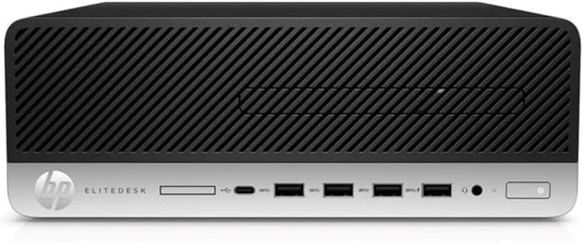 Front. HP - HP EliteDesk 705 G5 SFF PC, AMD Ryzen 5 PRO 3400GE, 8GB DDR4 RAM, 256GB SSD, Keyboard + Mouse, Wi-Fi+ BT, Windows 11 Pro - Black.
