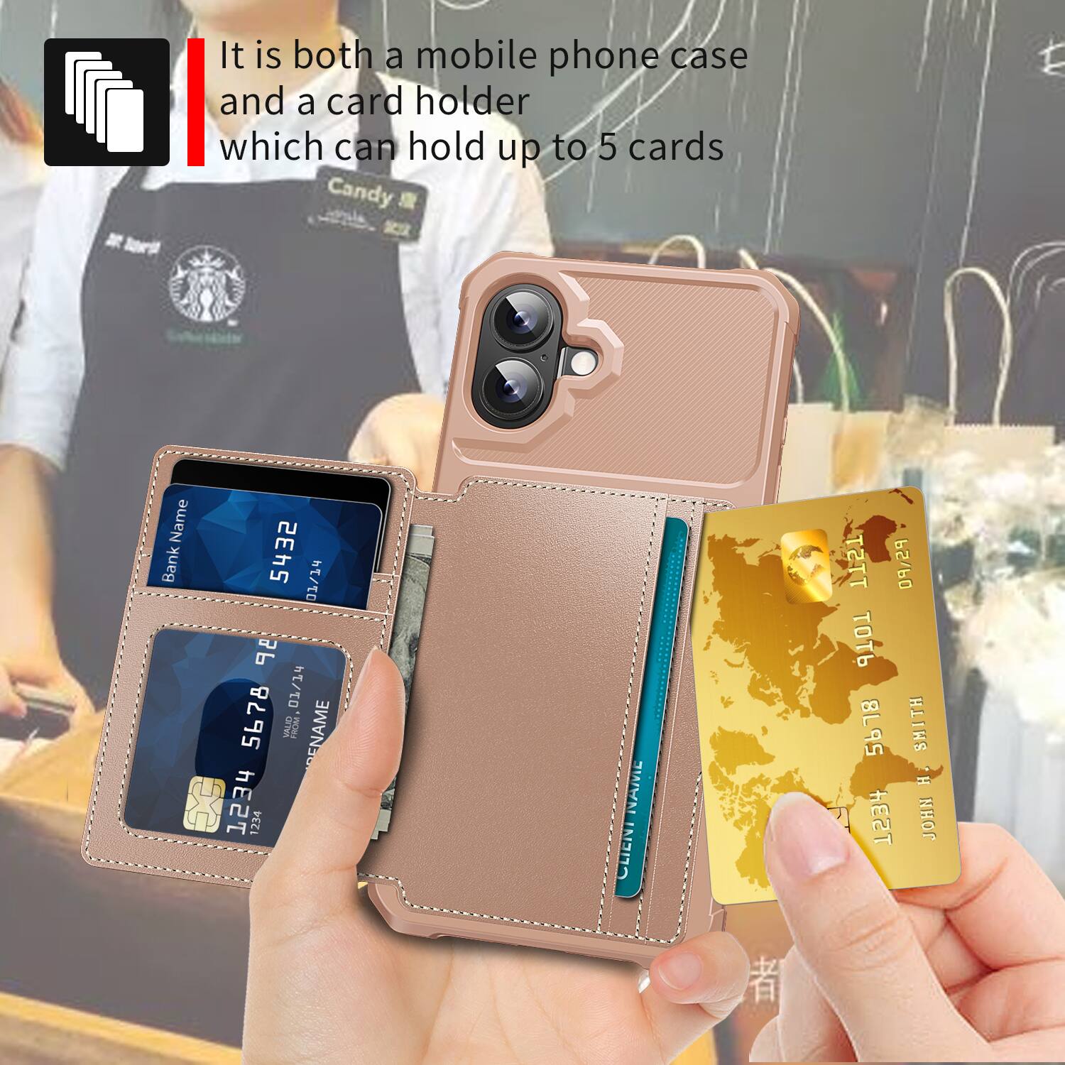 It is both a mobile phone case and a card holder which can hold up to 5 cards.