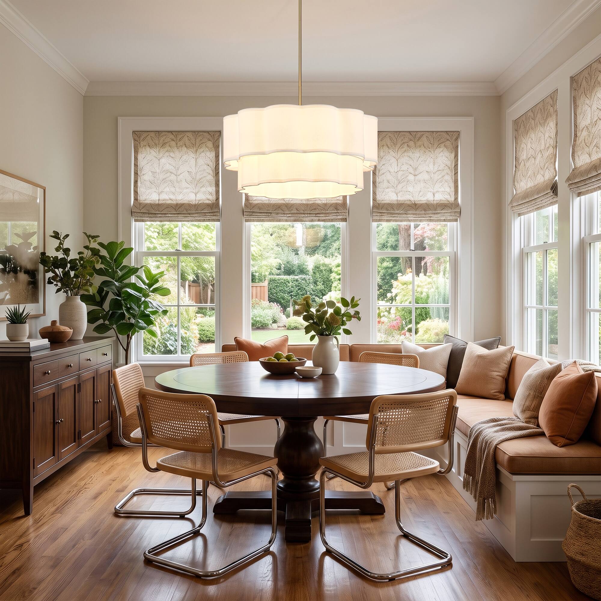Left. Parrot Uncle - 26 Inch Modern Linen 6 Light Scalloped Tiered Drum Chandelier with Adjustable Downrods - Brass.