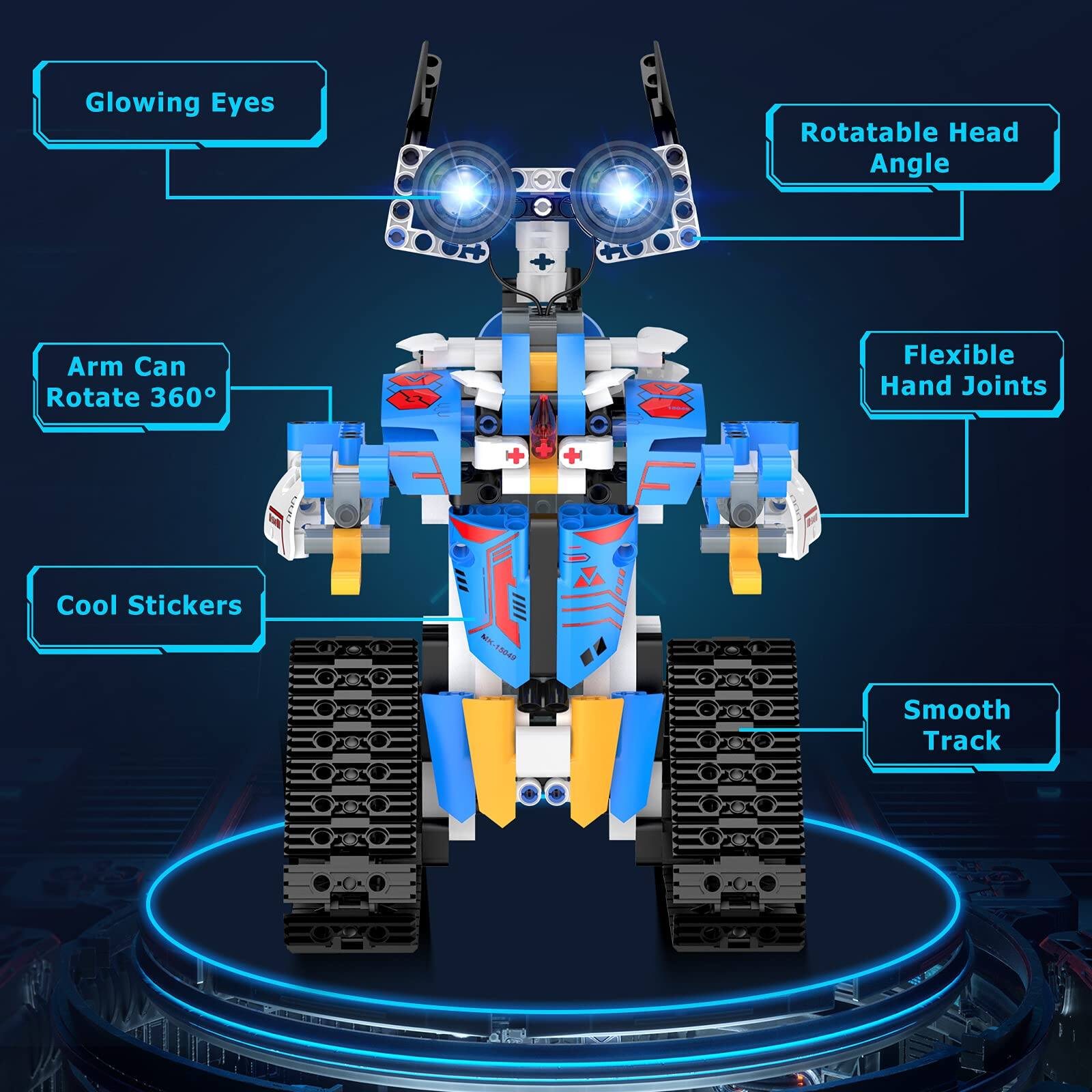 - Glowing Eyes
- Rotatable Head Angle
- Arm Can Rotate 360°
- Flexible Hand Joints
- Cool Stickers
- Smooth Track
