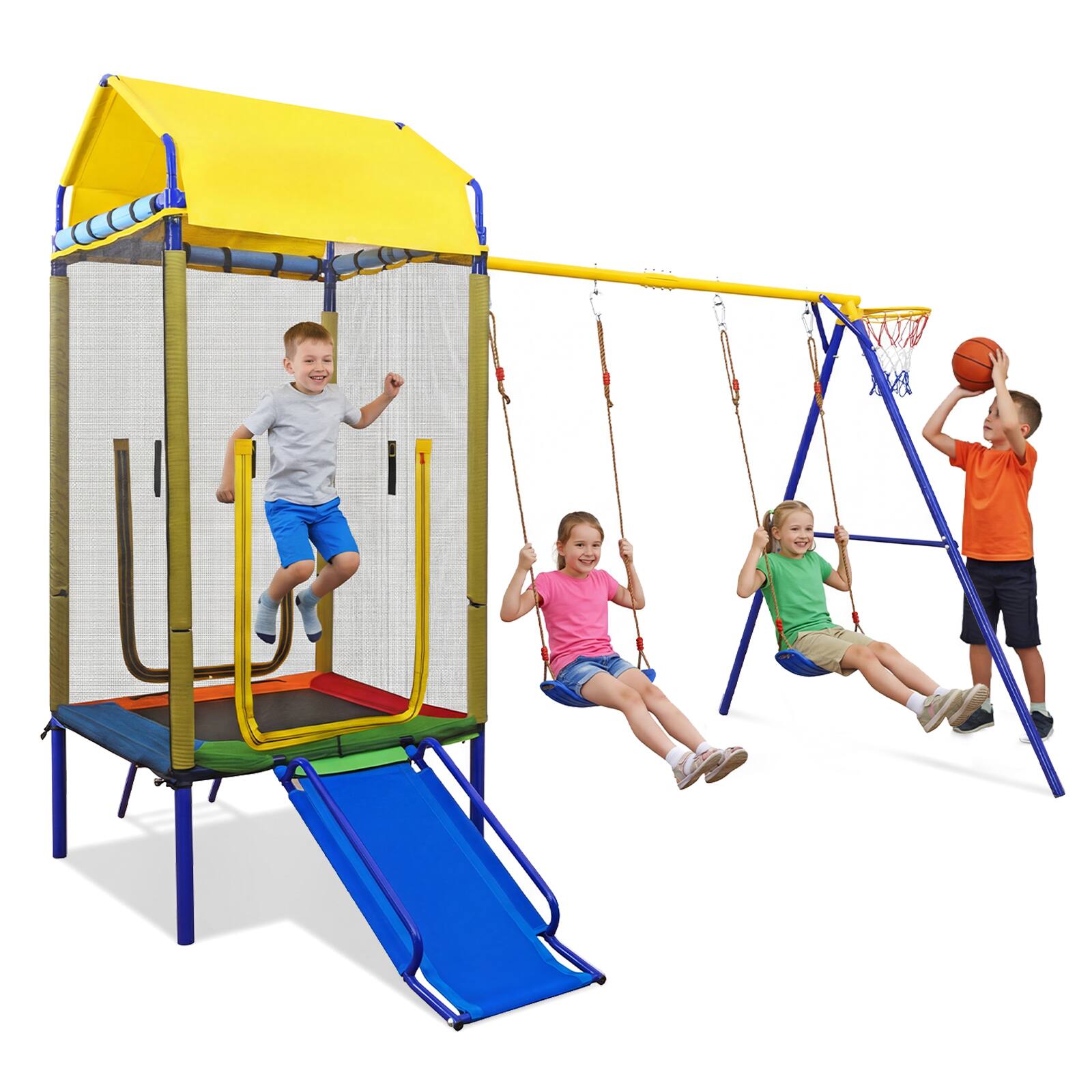 Gymax - 5-in-1 Kids Swing Set w/Trampoline Roof 2 Belt Swings Slide Ladder for Children - Yellow