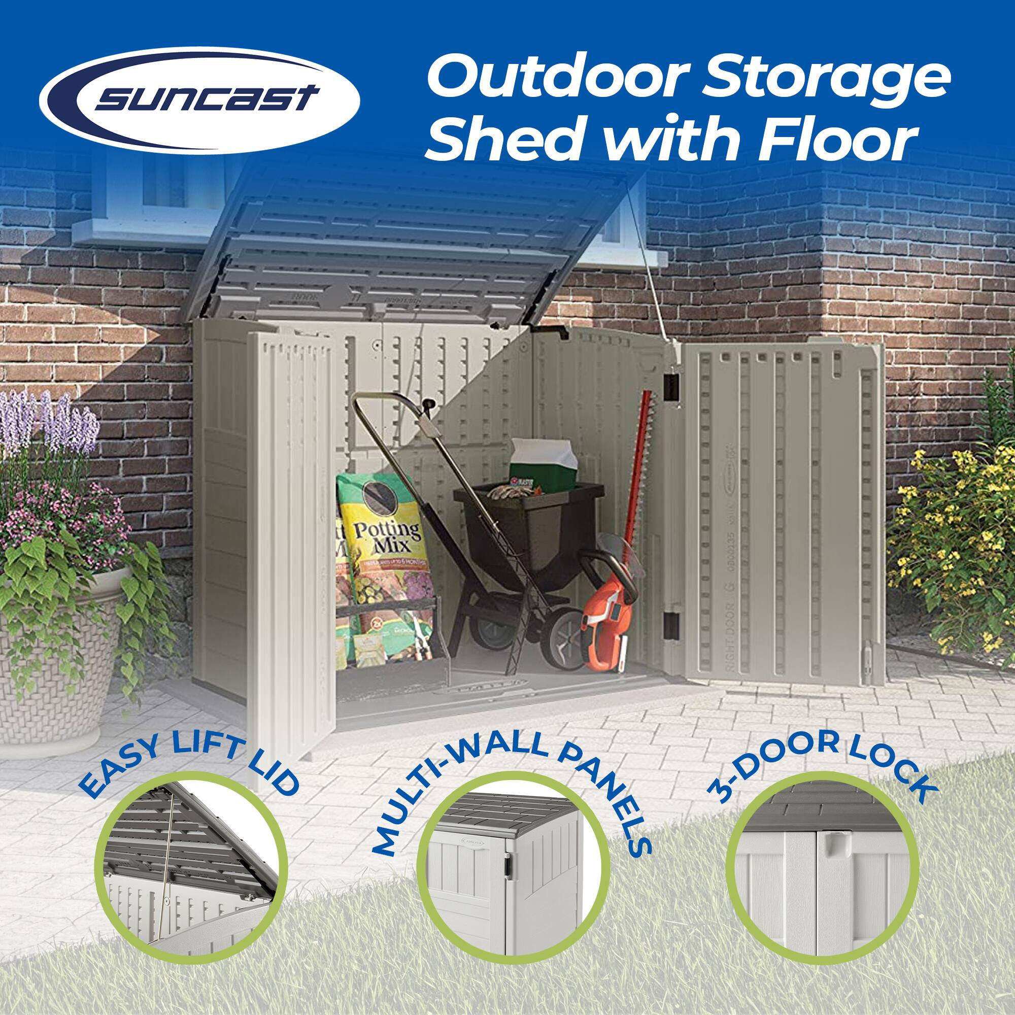 Suncast Outdoor Storage Shed with Floor LIFT EASY LID Potting Mix MULTI-WALL PANELS 3-DOOR LOCK