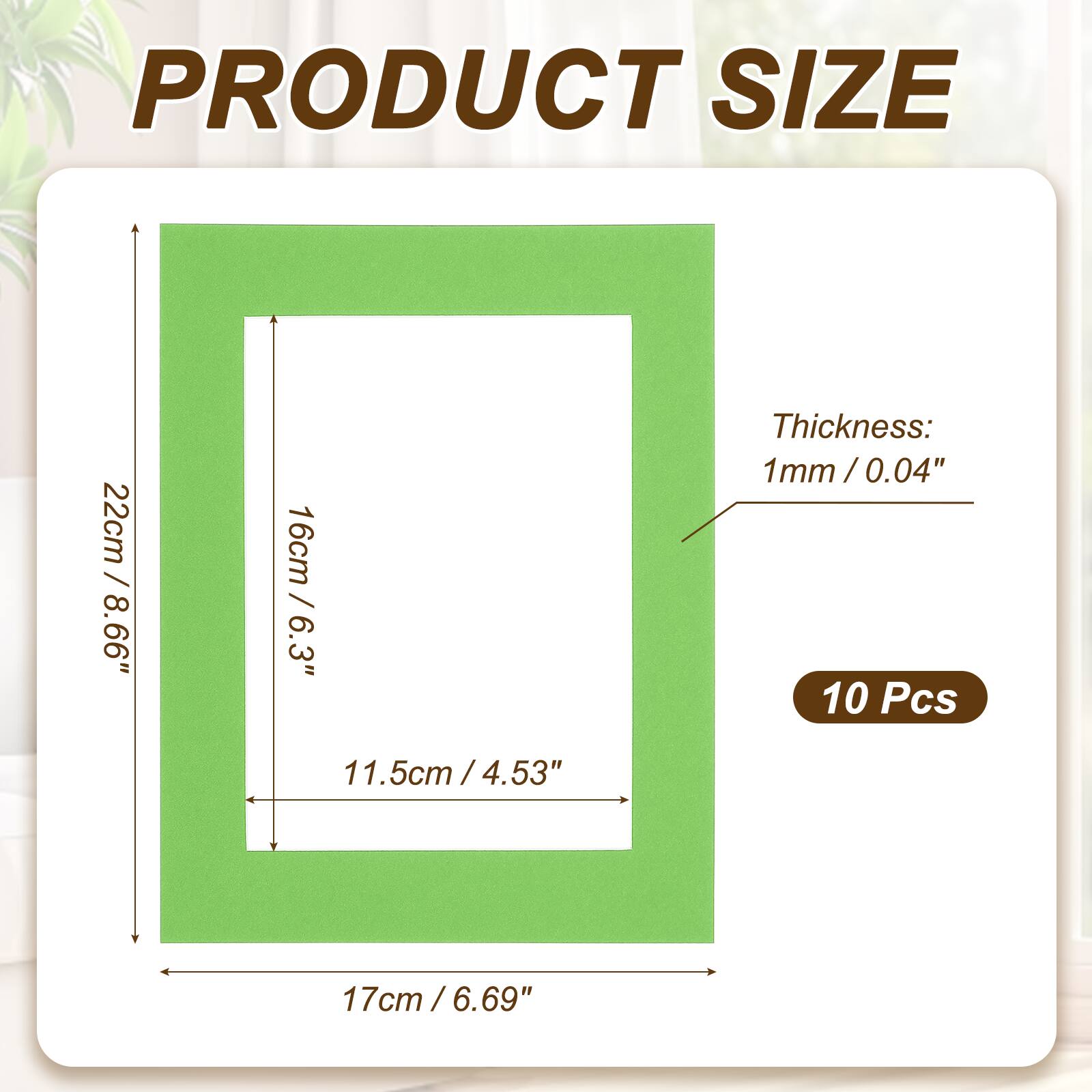 PRODUCT SIZE

22cm / 8.66"  
16cm / 6.3"  
11.5cm / 4.53"  
Thickness: 1mm / 0.04"  
10 Pcs