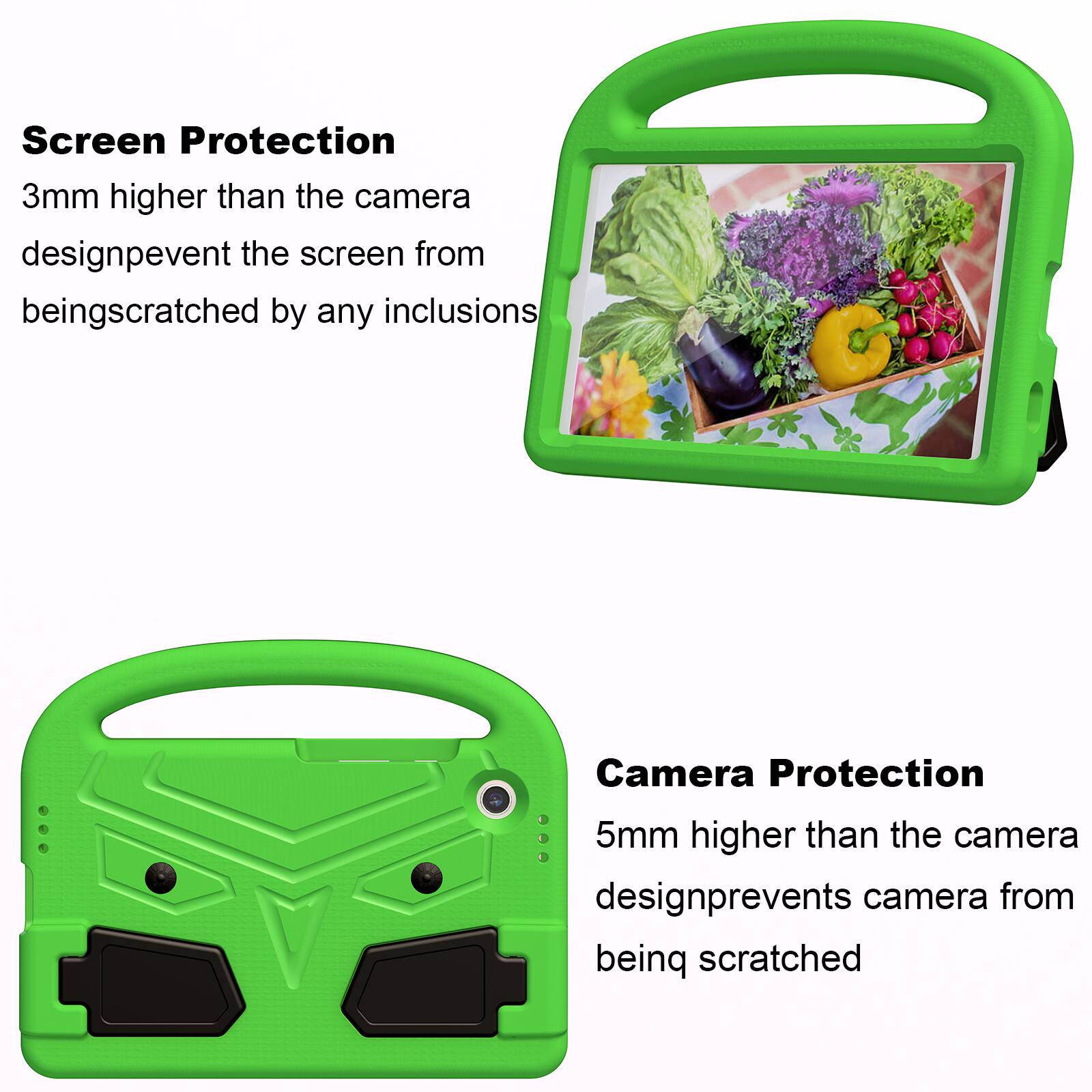 Screen Protection  
3mm higher than the camera design prevents the screen from being scratched by any inclusions  

Camera Protection  
5mm higher than the camera design prevents the camera from being scratched