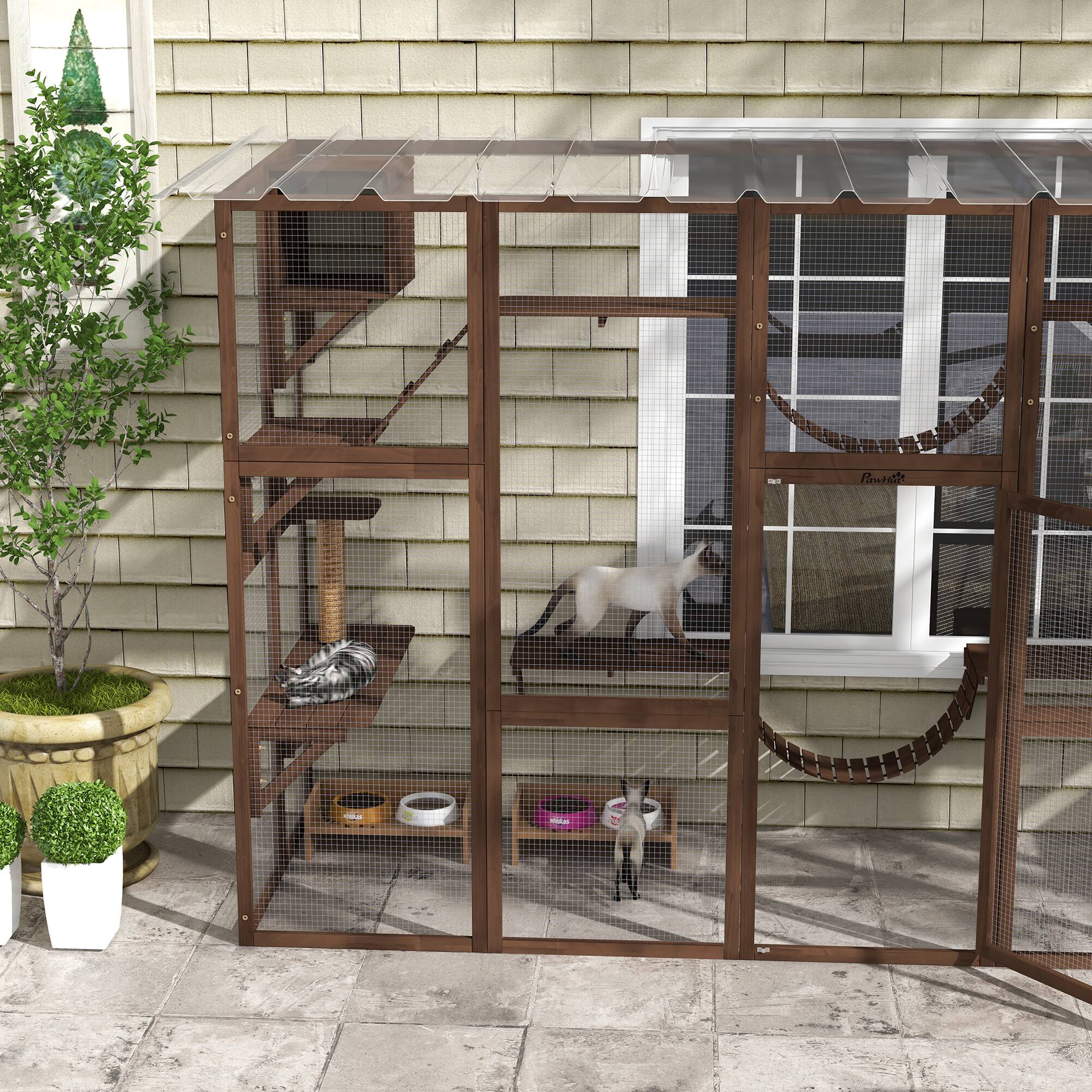 Alt View 4. Pawhut - Catio Outdoor Window Enclosure, for Multiple Kitties, Wooden Frame, Shelves & Bridges, 118"x37.5"x74".