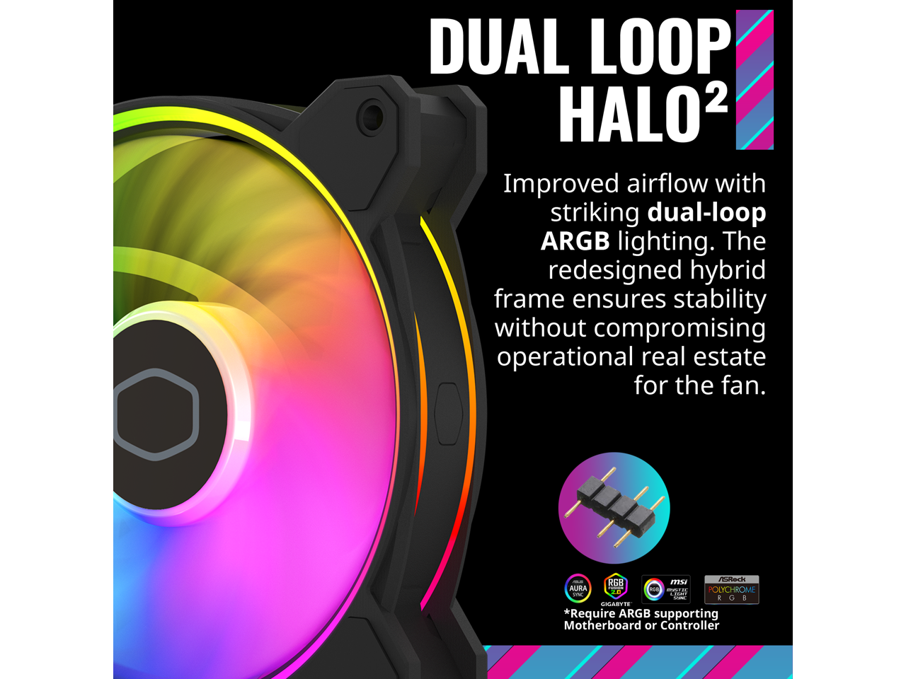 DUAL LOOP HALO²

Improved airflow with striking dual-loop ARGB lighting. The redesigned hybrid frame ensures stability without compromising operational real estate for the fan.

*Requires ARGB supporting Motherboard or Controller
