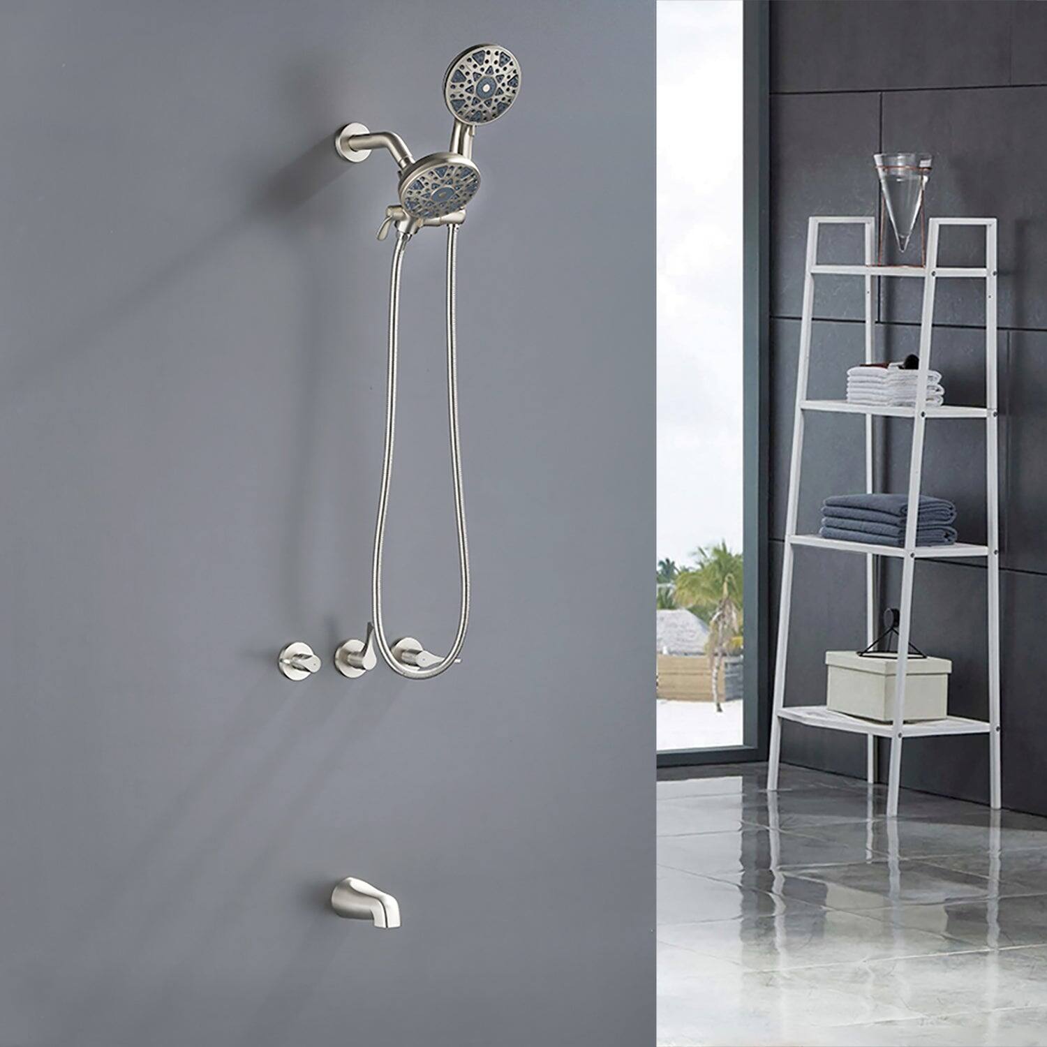 Alt View 2. Boyel Living - Brushed Nickel Shower Set with Triple Handle Control 6 Function Dual Shower Heads and High Flow Tub Spout - Brushed Nickel.
