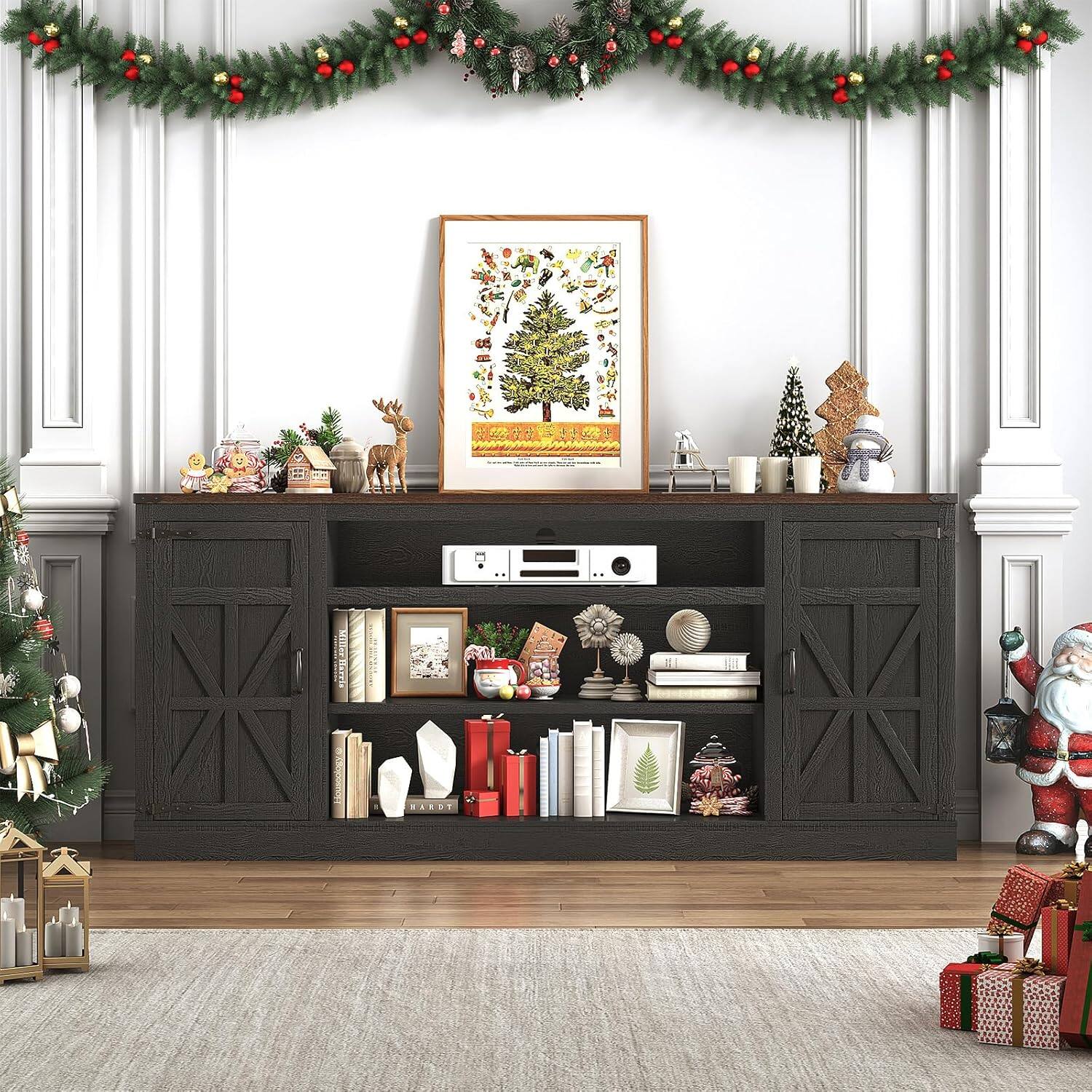 Left. Espafurni - 75" Farmhouse TV Stand w/Power Outlet, 33"H, Adjustable Shelves & Storage – Fits 85" TV - Black.