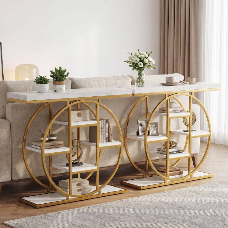 Alt View 7. PULUZ - 39.4 inch Console Table with Storage Shelves, Industrial Sofa Table for Living Room, Hallway - White Marble Effect.