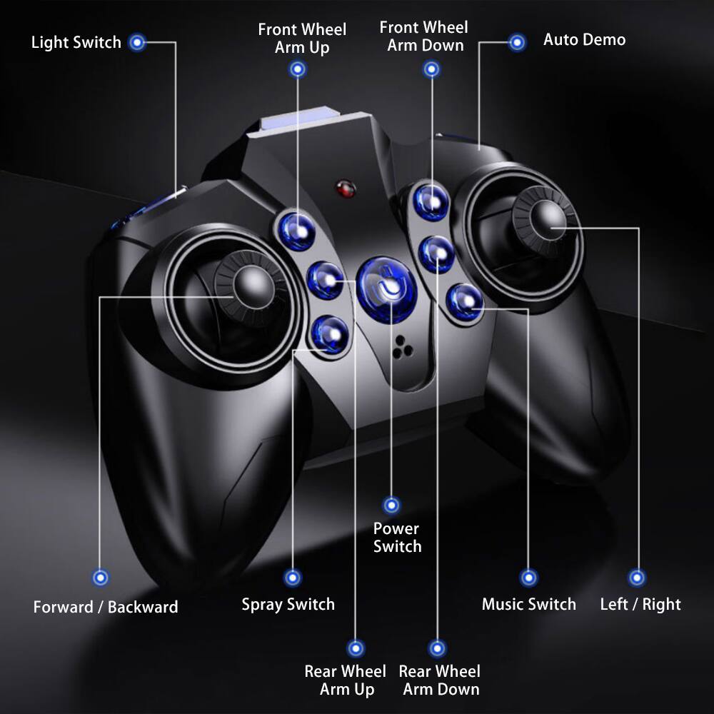 - Light Switch
- Front Wheel Arm Up
- Front Wheel Arm Down
- Auto Demo
- Power Switch
- Forward / Backward
- Spray Switch
- Music Switch
- Left / Right
- Rear Wheel Arm Up
- Rear Wheel Arm Down