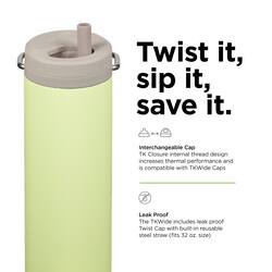 Twist it, sip it, save it. Interchangeable Cap TK Closure internal thread design increases thermal performance and is compatible with TKWide Caps. Leak Proof The TKWide includes leak-proof Twist Cap with built-in reusable steel straw (fits 32 oz size).