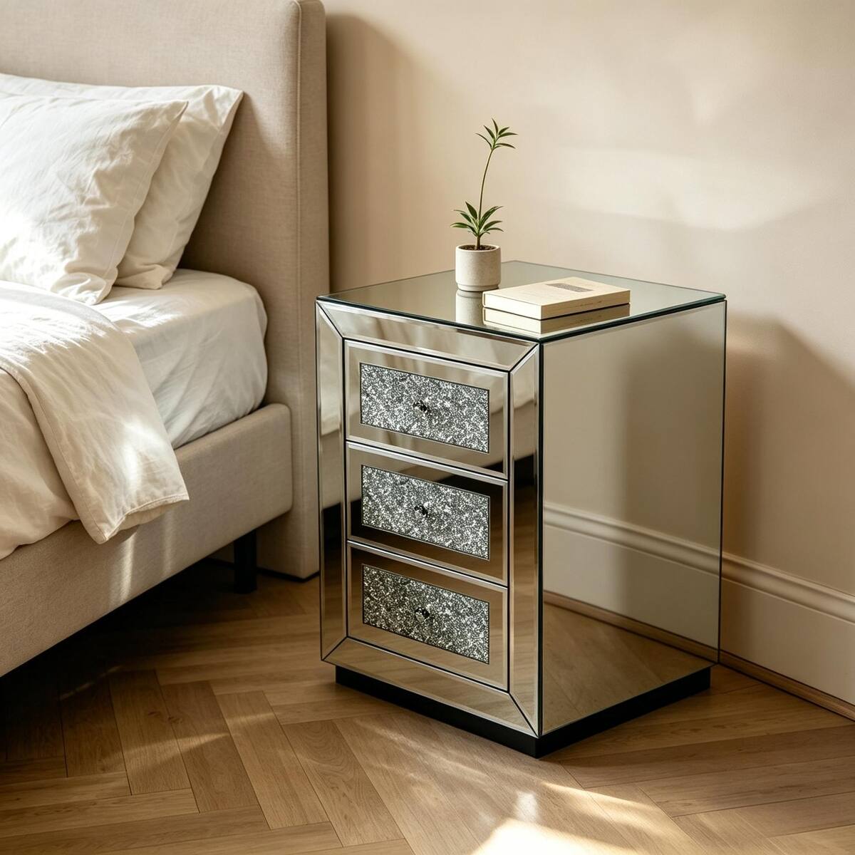 Alt View 6. Loheer - Loheer 3 Drawer Mirrored Nightstand, Silver Bedroom Side Table with Crystal Handles - Silver.