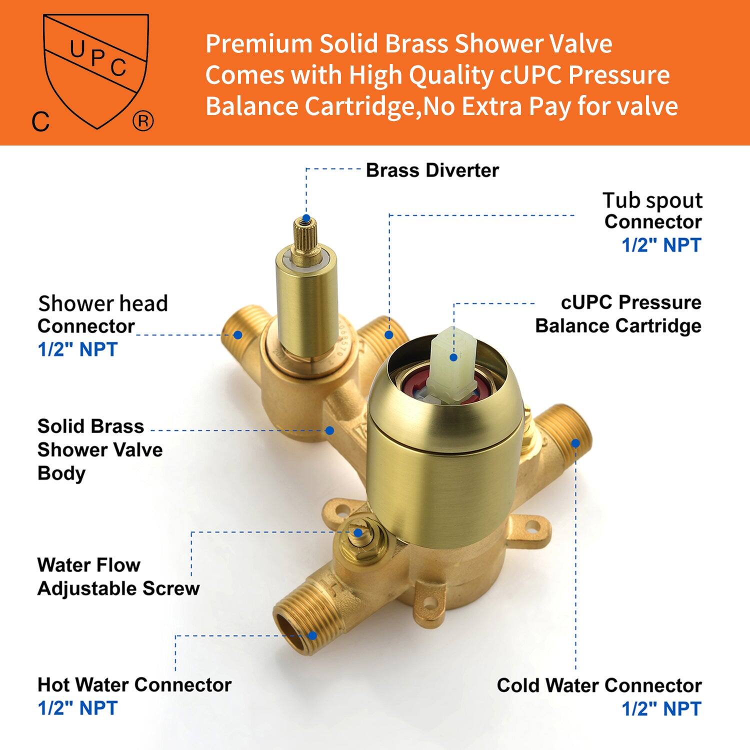 Premium Solid Brass Shower Valve  
Comes with High Quality cUPC Pressure Balance Cartridge, No Extra Pay for valve  

- Brass Diverter  
- Tub spout Connector 1/2" NPT  
- cUPC Pressure Balance Cartridge  
- Solid Brass Shower Valve Body  
- Water Flow Adjustable Screw  
- Hot Water Connector 1/2" NPT  
- Cold Water Connector 1/2" NPT  
- Shower head Connector 1/2" NPT