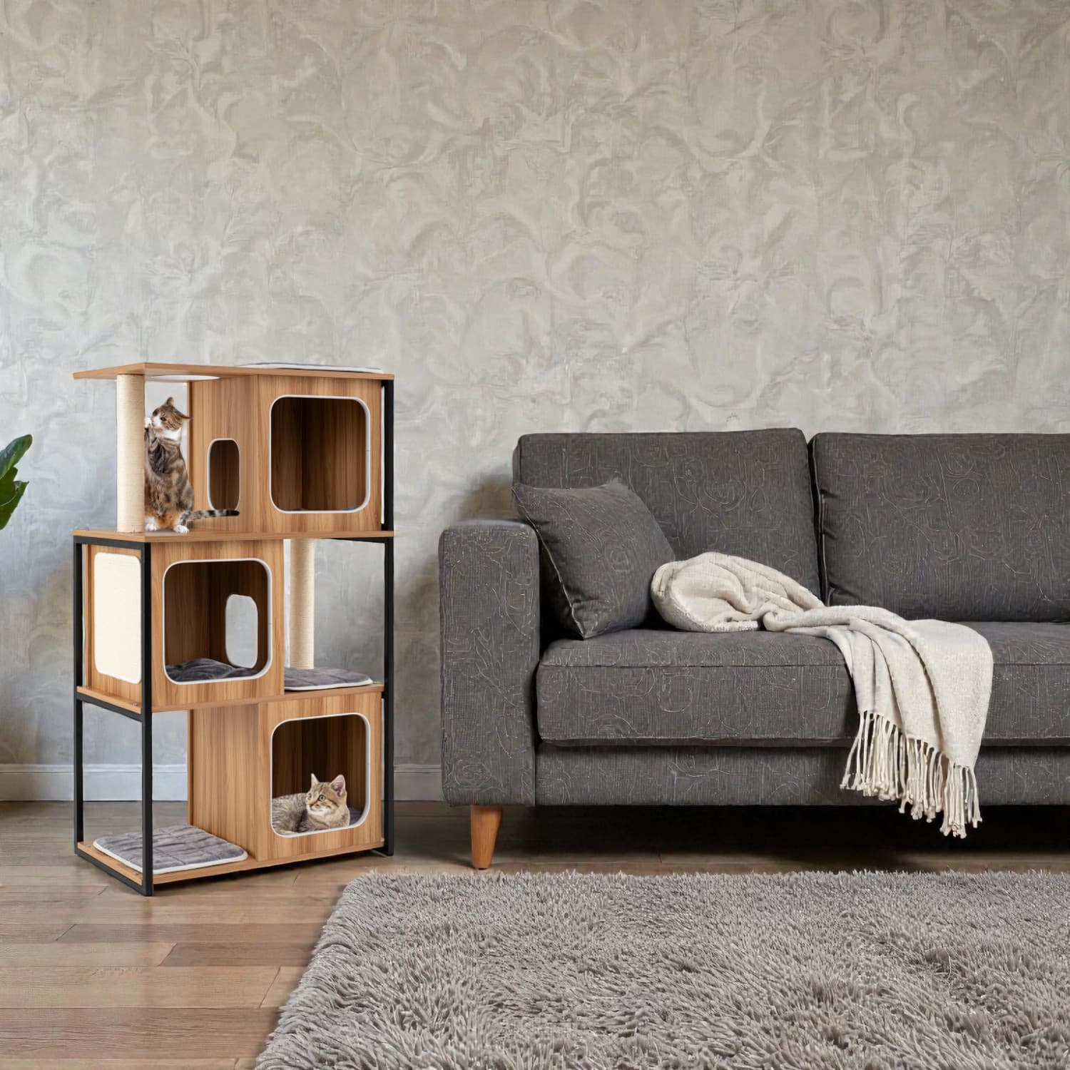 BreeBe - Sleek Cat House with Metal Frame and Built-In Scratching Posts - Natural