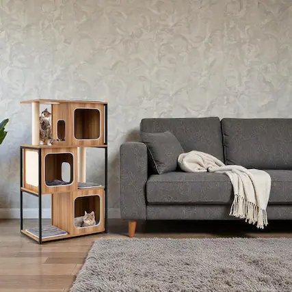 Front. BreeBe - Sleek Cat House with Metal Frame and Built-In Scratching Posts - Natural.