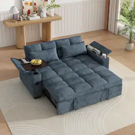 Anysun - 65" 3-in-1 Chenille Convertible Sofa Bed - Pullout Design with 90° Swivel Table, Easy Assembly for Living Room - Blue