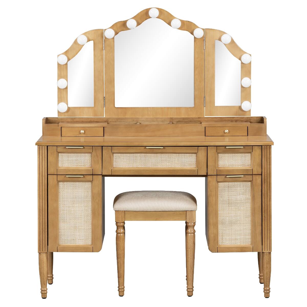 Alt View 10. Loheer - Loheer Makeup Vanity Desk with Mirror and Stool, Natural Finish, Hollywood Lighting and Storage - Natural.