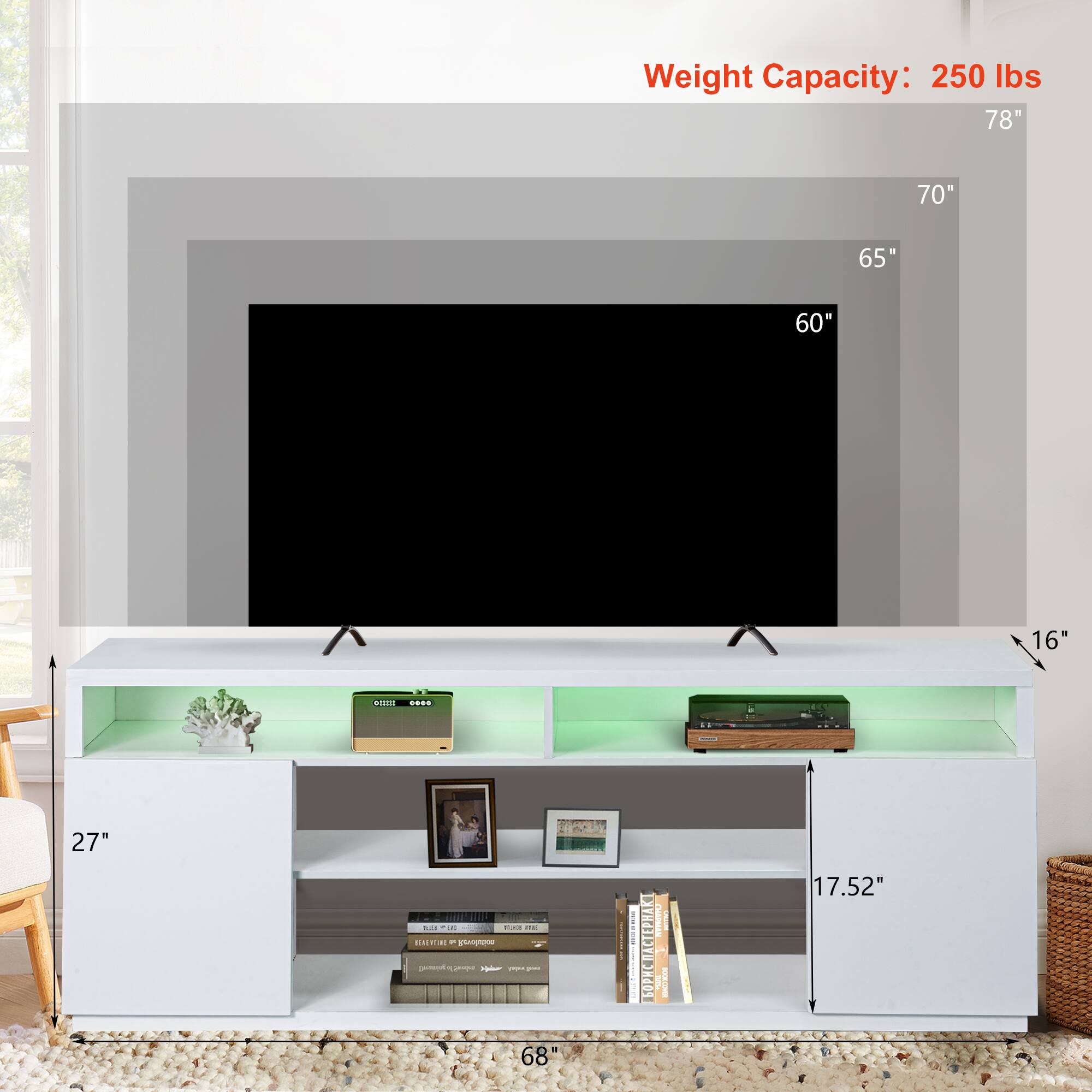 Weight Capacity: 250 lbs

78"  
70"  
65"  
60"  
16"  
27"  
17.52"  
68"