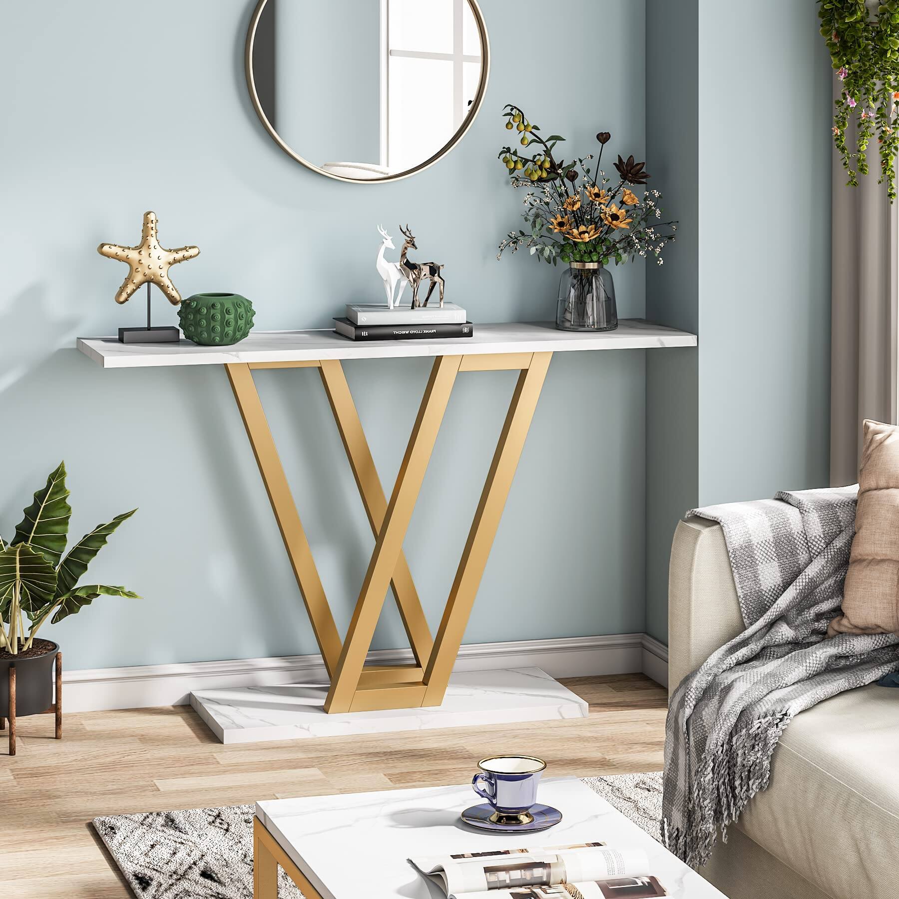 Left. Tribesigns - Gold Console Table, Modern Hallway Table for Entryway, 43 Inch Entryway Tables Narrow Sofa Table for Living Room, Stable - Marble White.