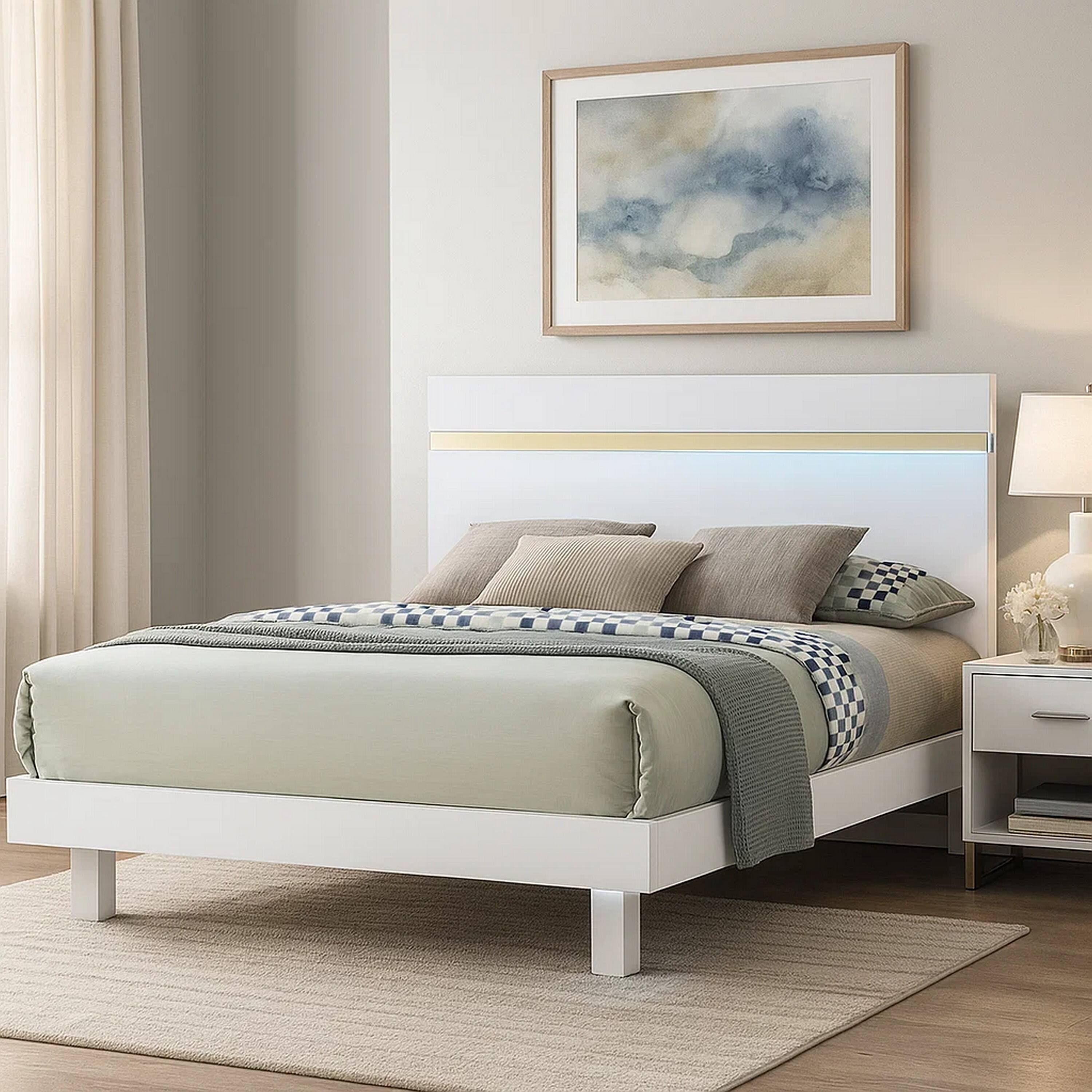 Alt View 6. Manhattan Lane - Yoki Queen Size Bed w Underbed LED, Acrylic Gold Trim, White Frame - White, Gold.