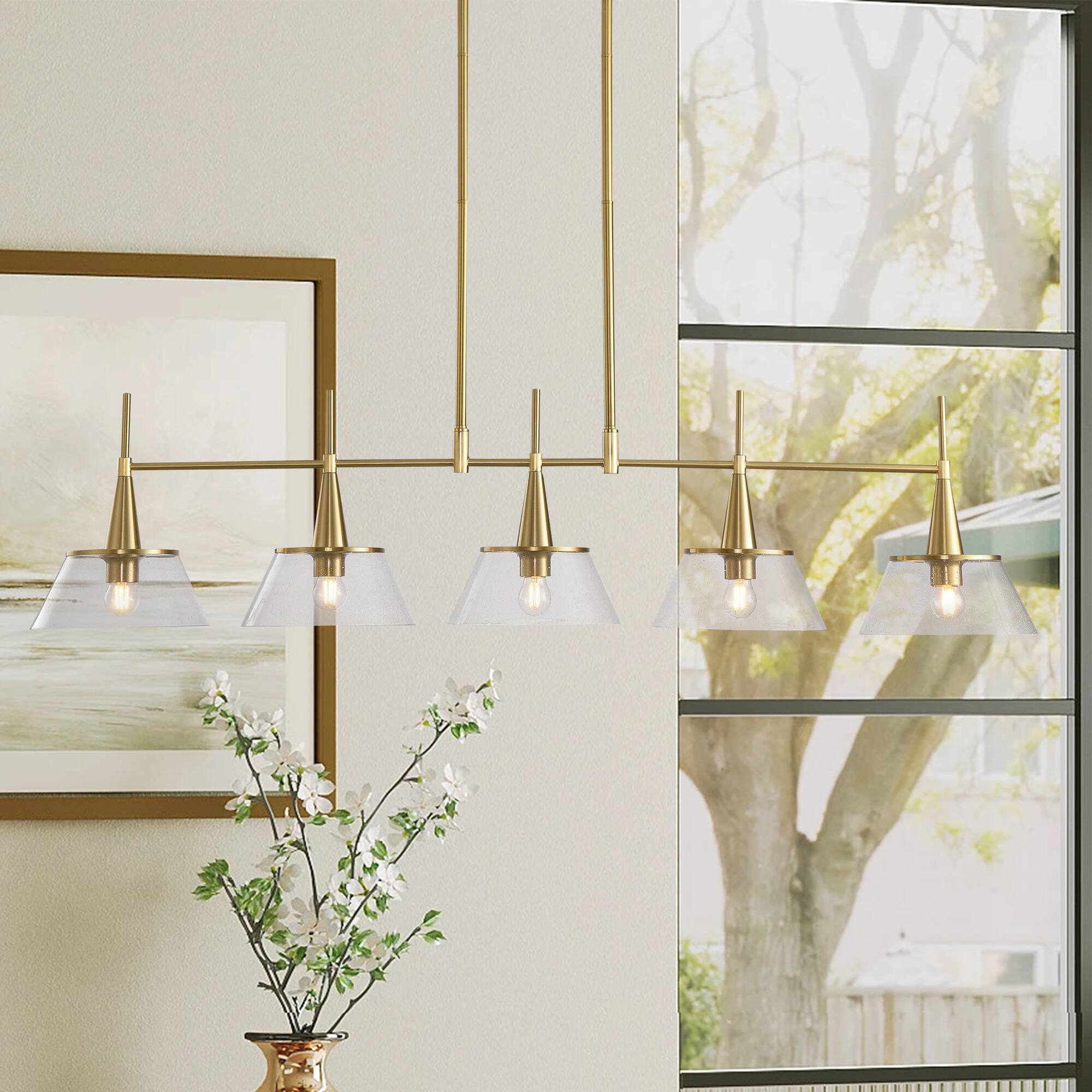 Front. RYHNUYNE - 5-Light Brass Kitchen Island Pendant 59 Inch Large Linear Chandelier with Clear Seed Glass Shades Adjustable Hanging.