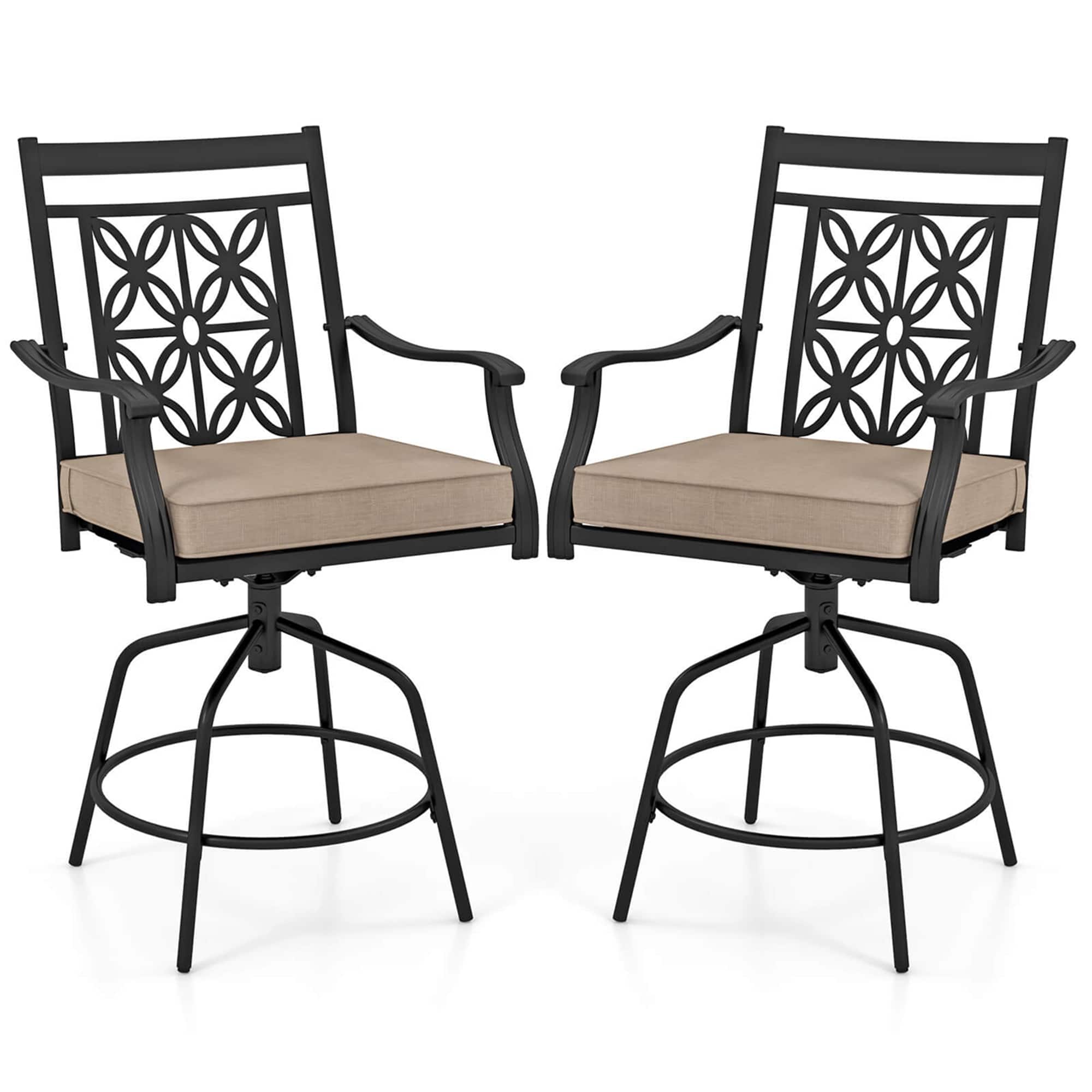 Costway - Outdoor 360°Swivel Bar Stools Set of 2 with Seat Cushions High Back & Armrests - Brown,Black