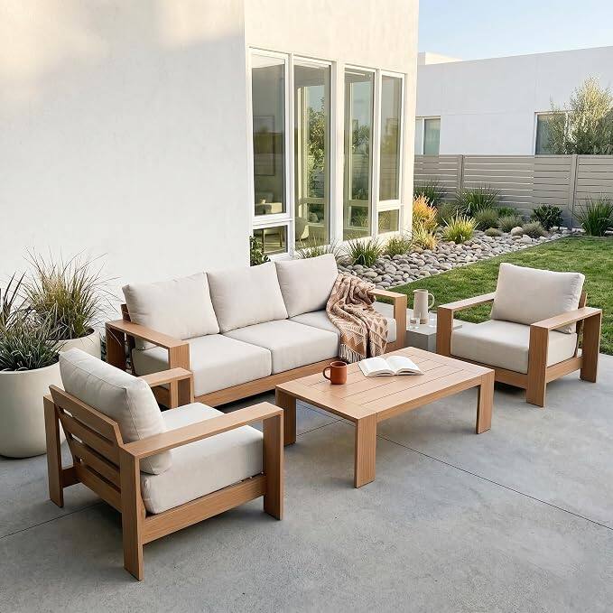Left. Acanva - Acanva Ciela 4-Piece Aluminum Outdoor Patio Furniture Set with Coffee Table - Beige + Oak wood grain.