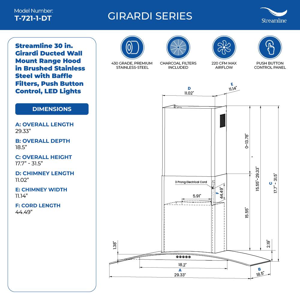 Model Number: T-721-1-DT
GIRARDI SERIES
Streamline
Streamline 30 in. Girardi Ducted Wall Mount Range Hood in Brushed Stainless Steel with Baffle Filters, Push Button Control, LED Lights
450 GRADE, PREMIUM CHARCOAL FILTERS STAINLESS-STEEL INCLUDED
D 11.02
220 CFM MAX AIRFLOW
E 11.14"
PUSH BUTTON CONTROL PANEL
DIMENSIONS
A: OVERALL LENGTH 29.33"
B: OVERALL DEPTH 18.5"
C: OVERALL HEIGHT 17.7" - 31.5"
D: CHIMNEY LENGTH 11.02"
E: CHIMNEY WIDTH 11.14"
F: CORD LENGTH 44.49"
3 Prong Electrical Cord 5.91
F 44.49
0-13.78
15.55
15.55-29.33
31.5
17.7
17.7- 31.5
1.38
2.19
18.2
A 29.33
B 18.5"