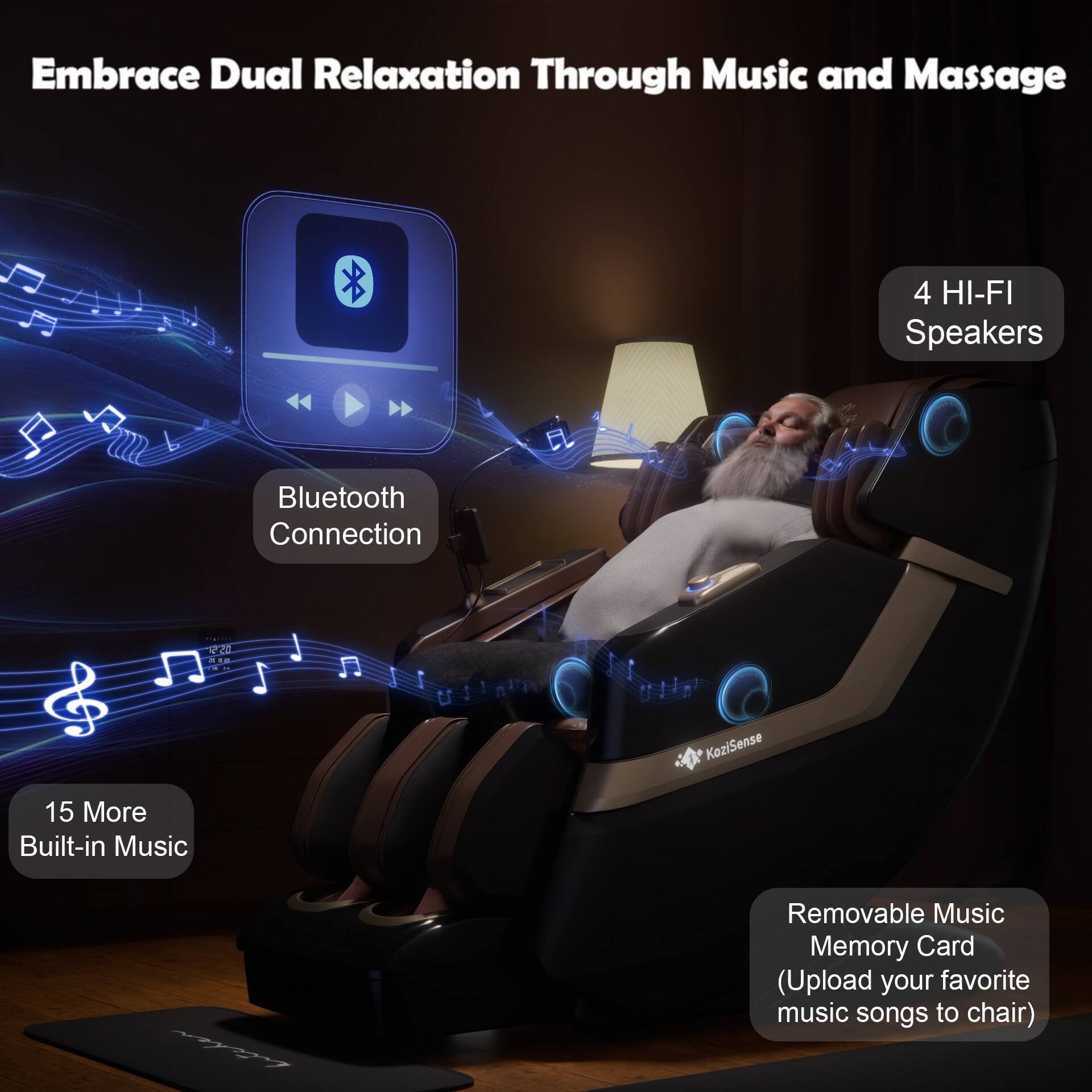 Embrace Dual Relaxation Through Music and Massage

- 4 HI-FI Speakers
- Bluetooth Connection
- 15 More Built-in Music
- Removable Music Memory Card (Upload your favorite music songs to chair)